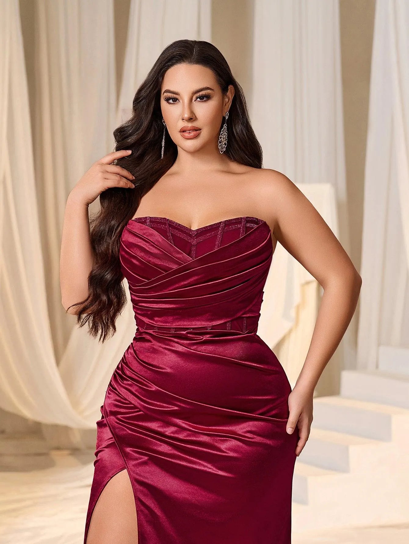 Plus Ruched Wrap Mermaid Hem Satin Party Tube Dress - Elonnashop