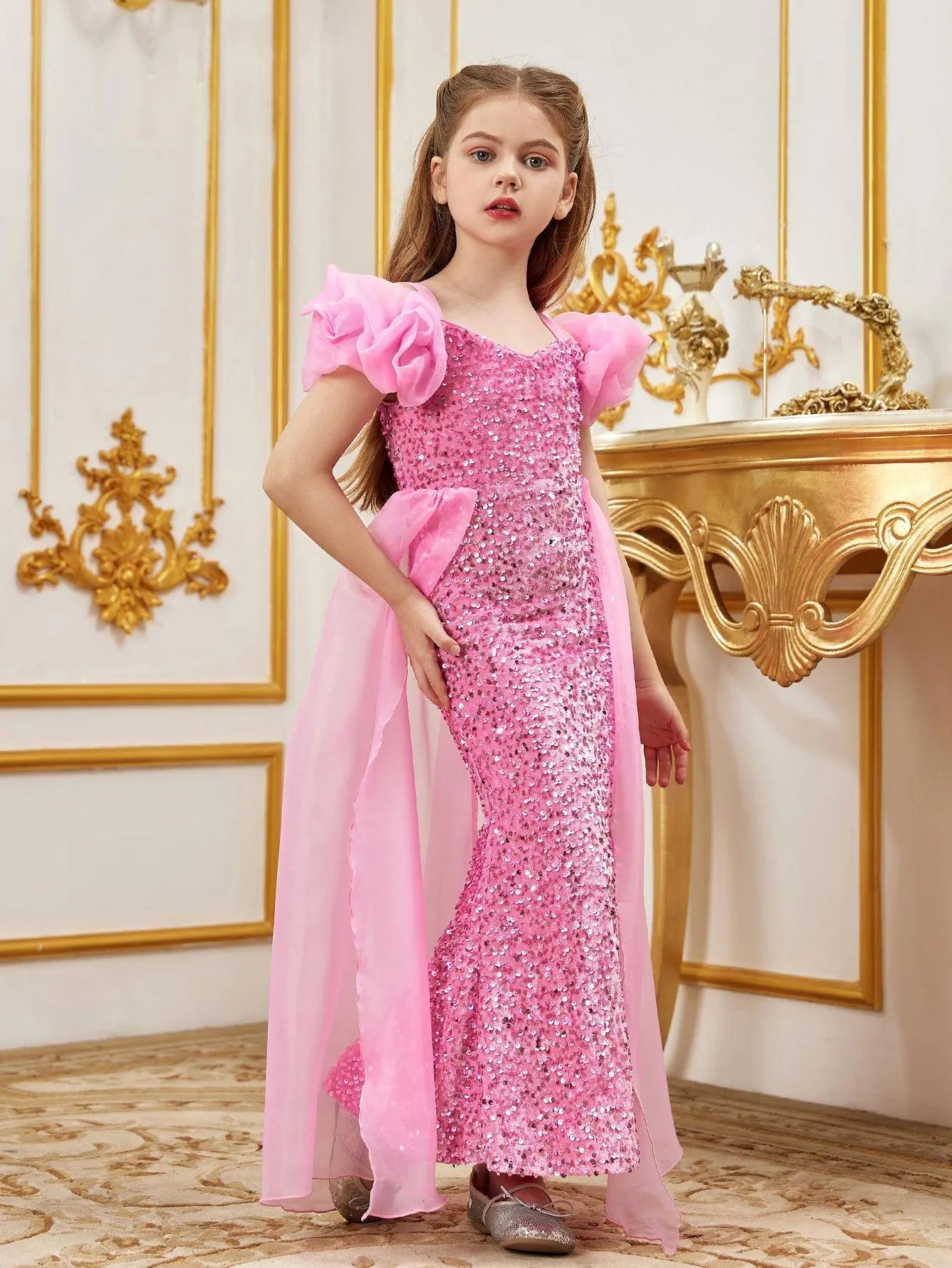 Tween Girls' Sweetheart Collar Mesh Overlay Sequin Mermaid Dress - Elonnashop