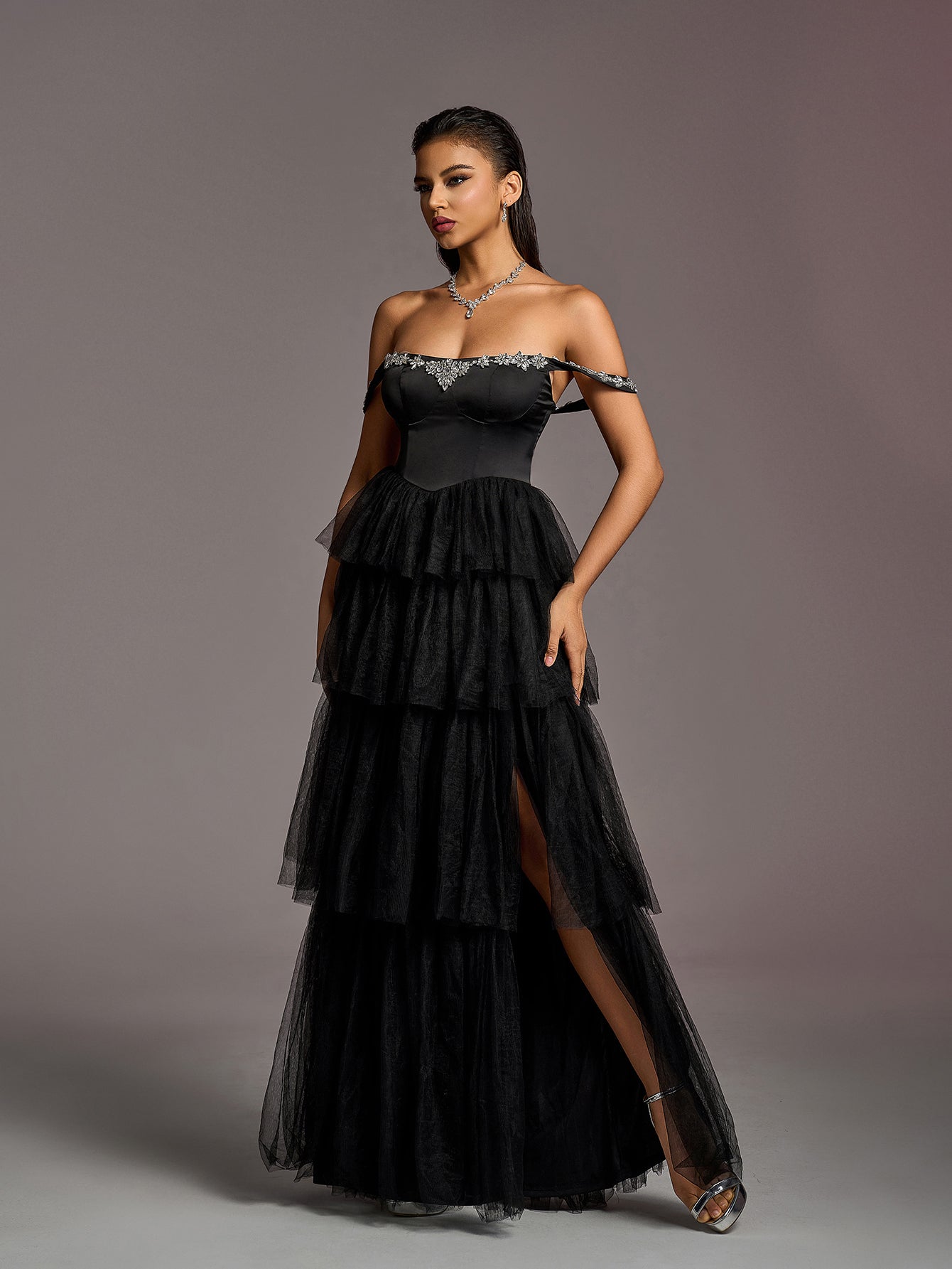 Elegant Rhinestone Decoration Off Shoulder Satin Bodice Tulle Layered Hem Prom Dress Wedding Dress