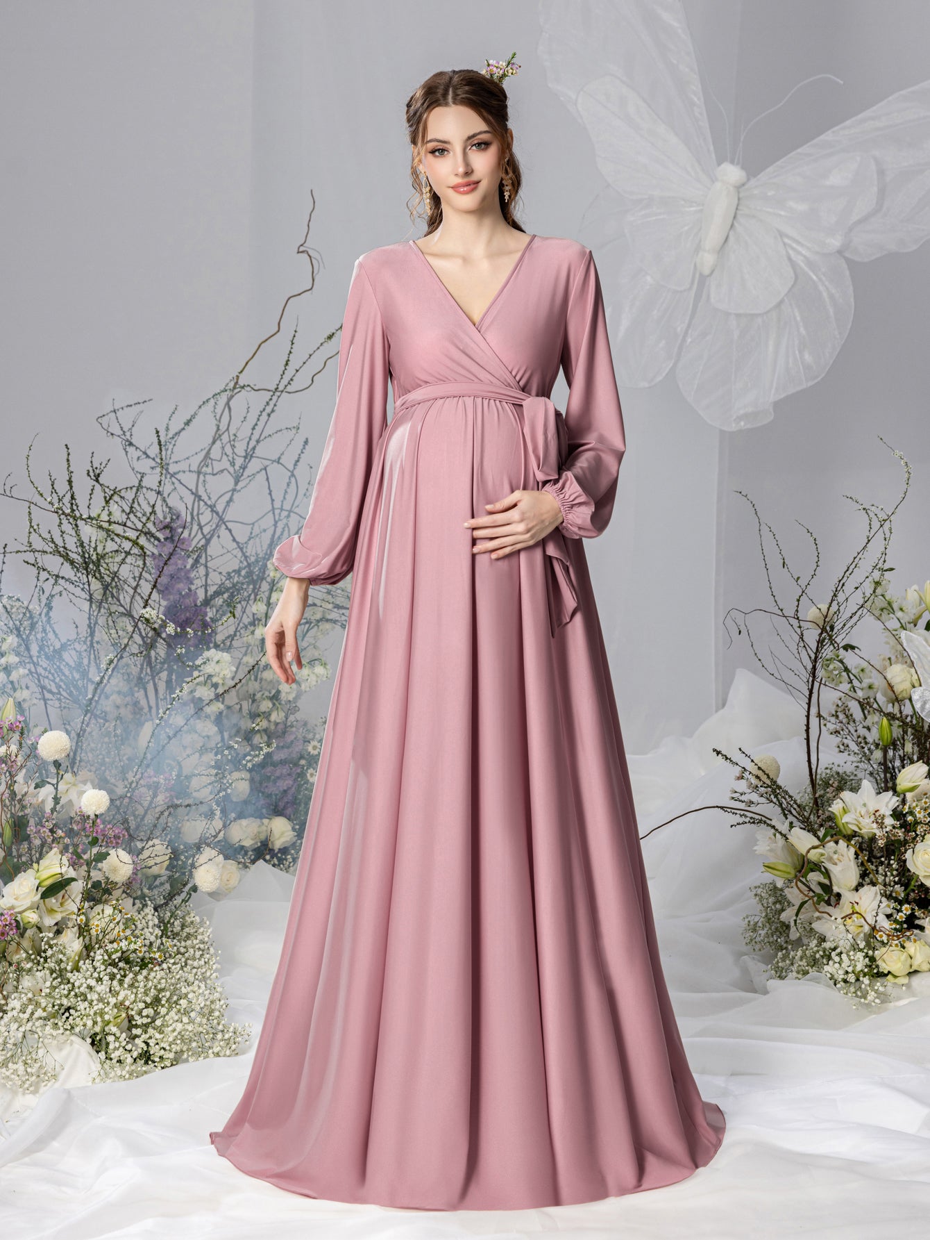 Maternity Surplice Neck A  Line Belted Dress