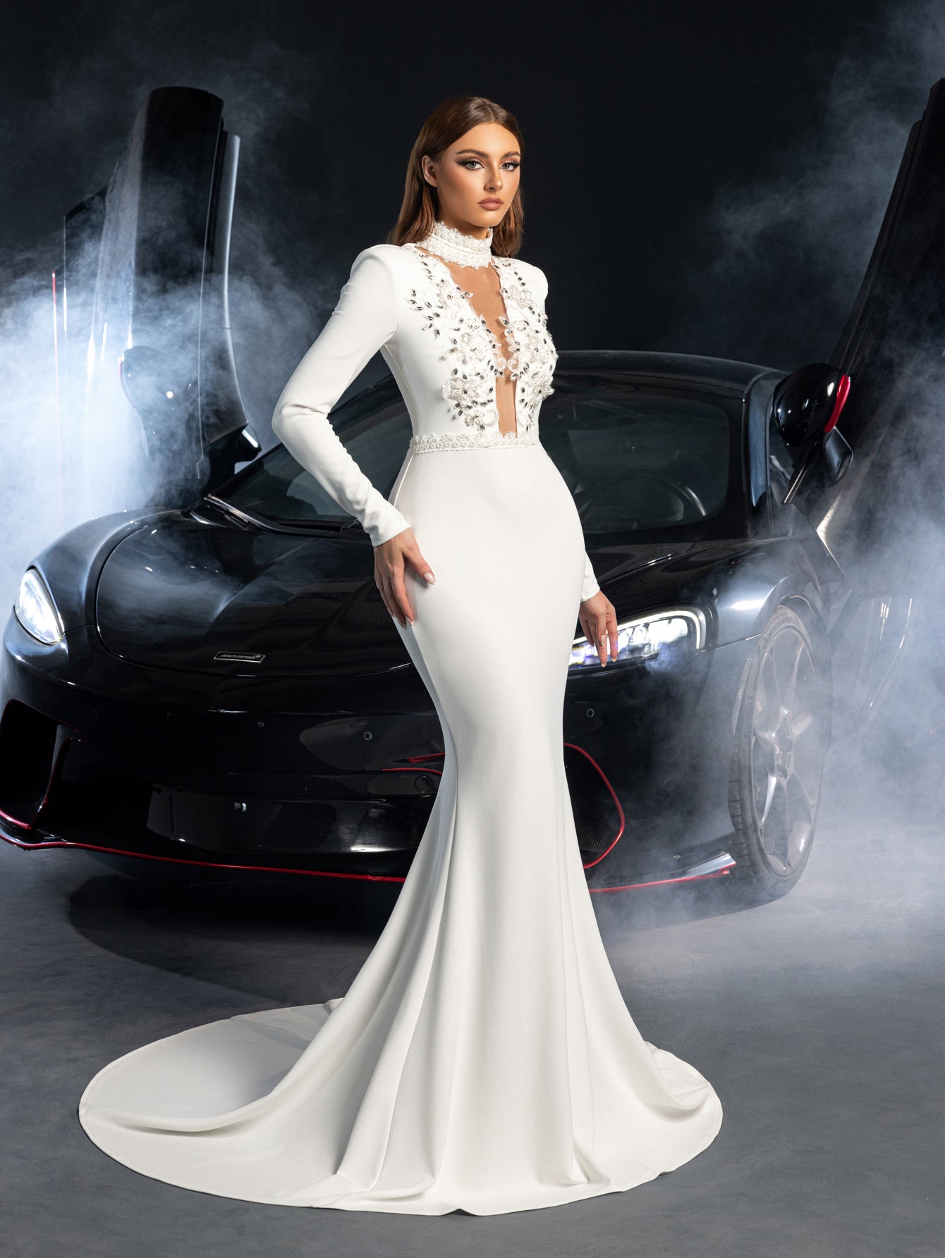 Elegant Applique Embellished Mock Neck Long Sleeves Mermaid Hem Wedding Dress