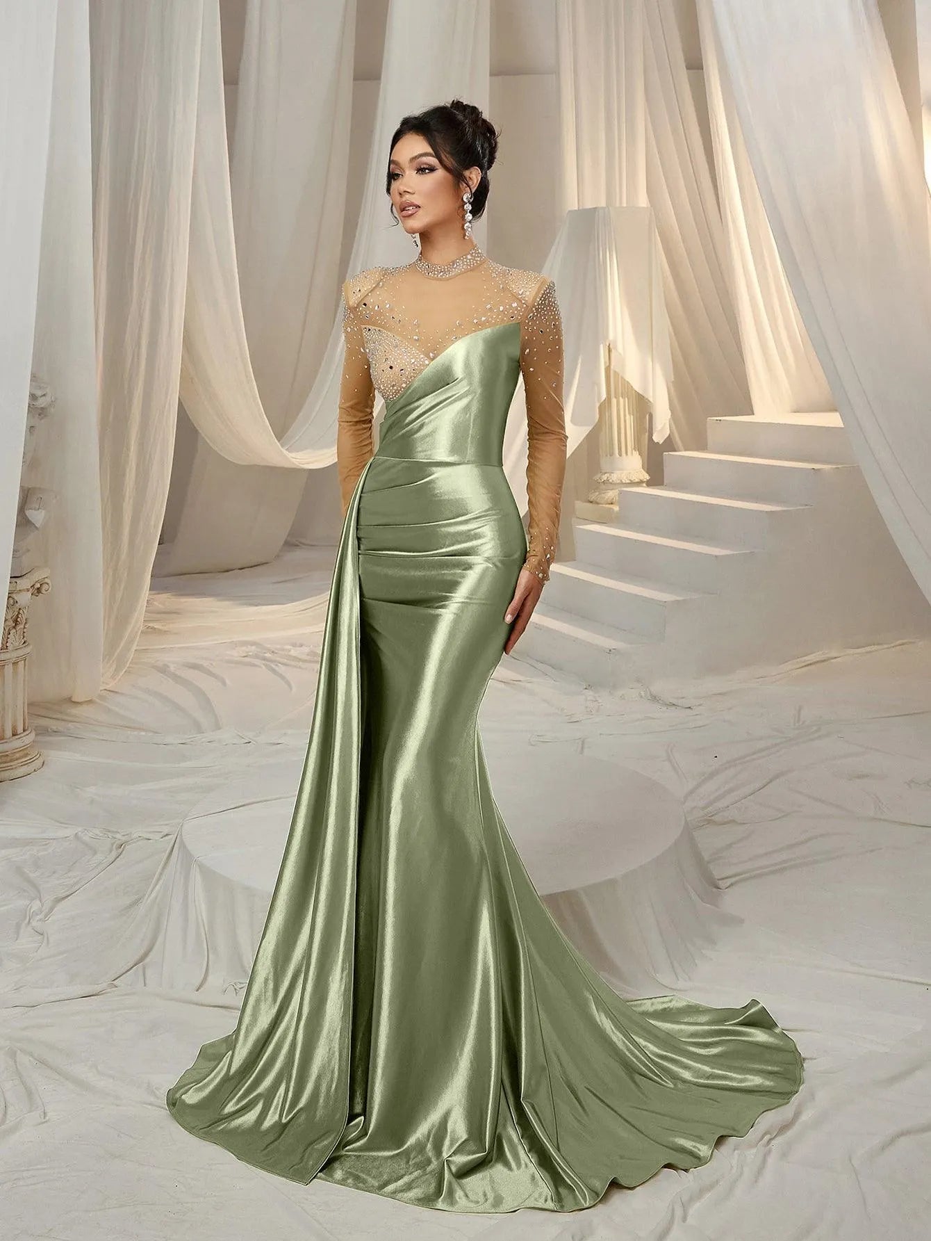 Rhinestone Detail Mock Neck Satin Mermaid Prom Dress - Elonnashop