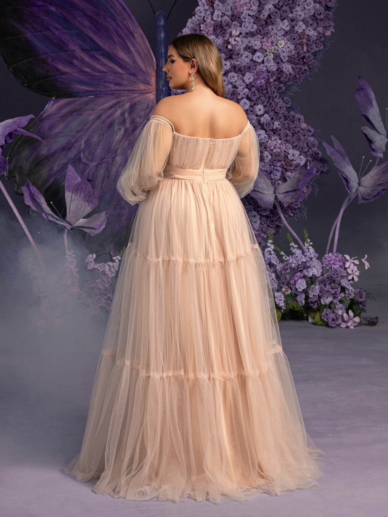 Plus Maternity Off Shoulder Bishop Sleeves Layered Tulle Photography Dress