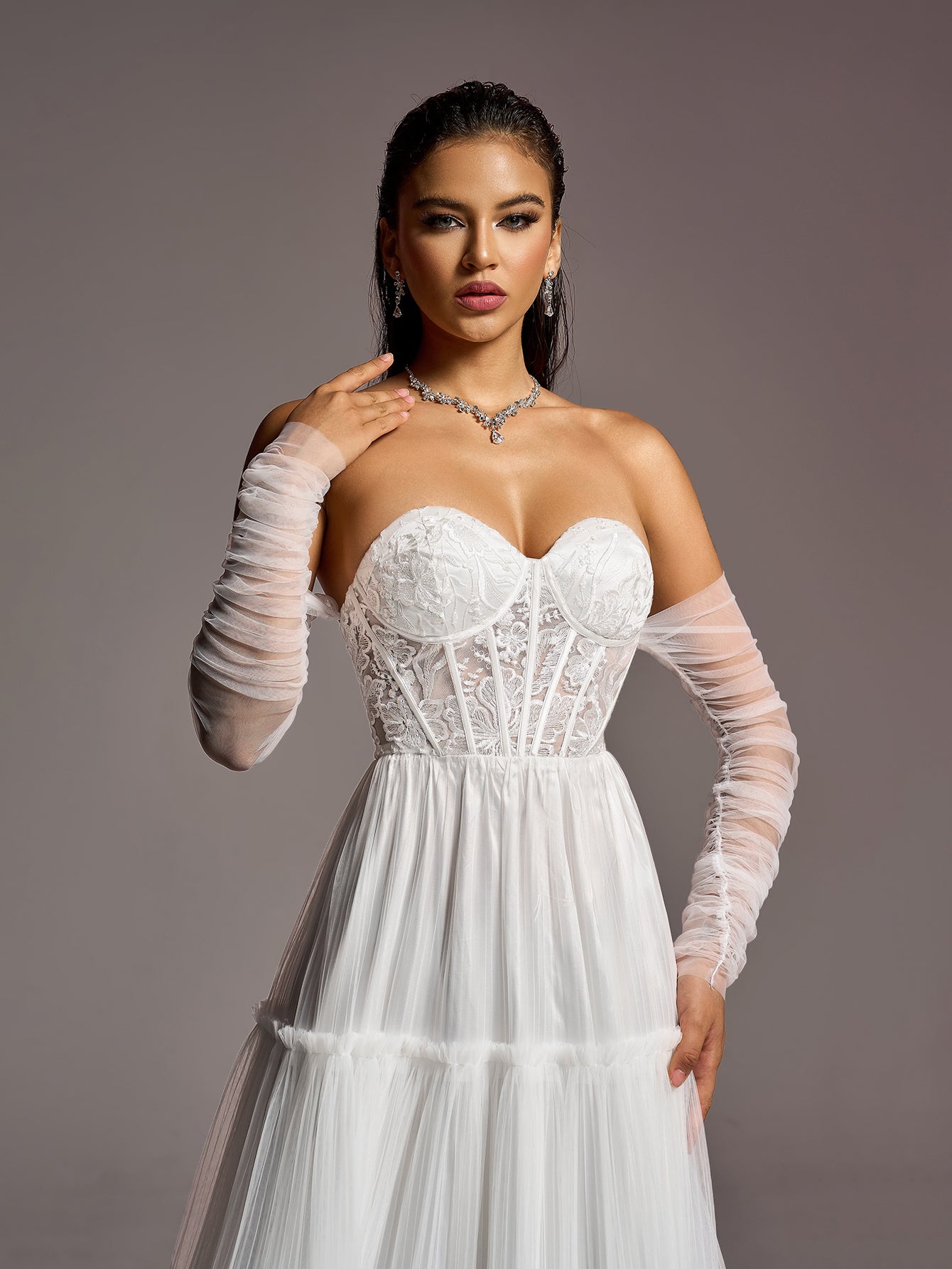 Elegant Lace Corset Bodice Sheer Sleeves A-line Tulle Wedding Dress