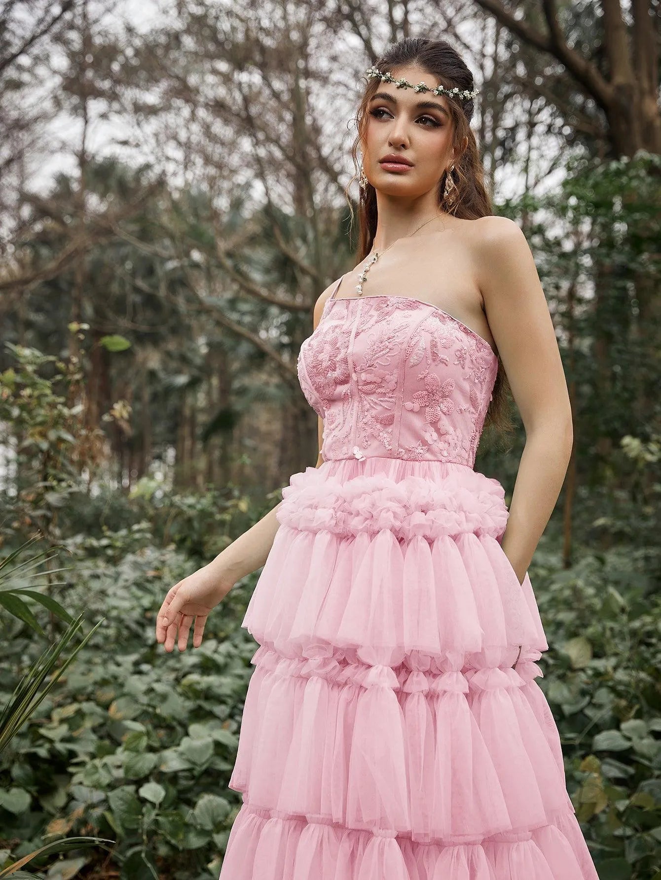 Luxury One Shoulder Floral Sequin Bodice Layered Tulle Hem Prom Dress - Elonnashop