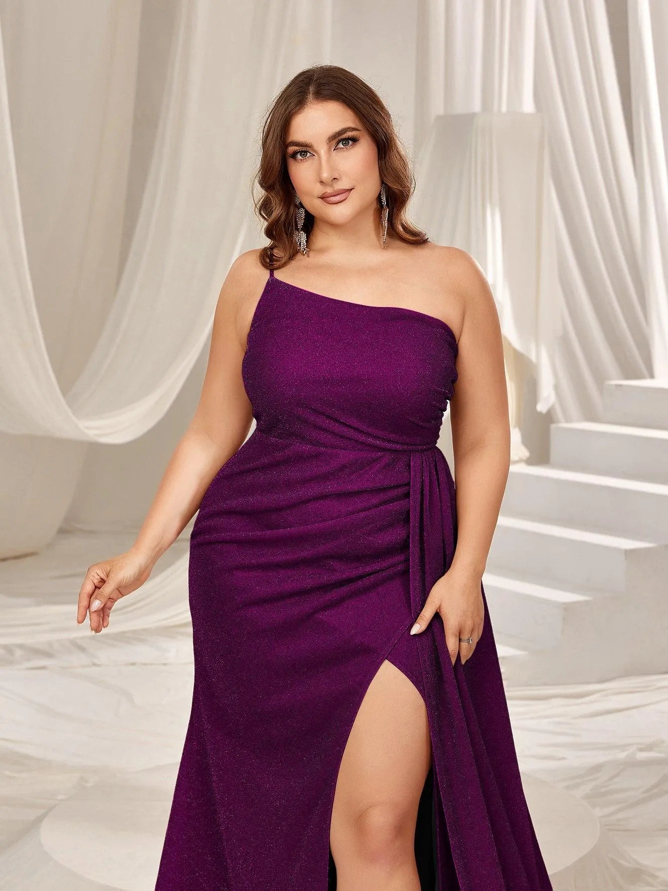 Plus Glitter One Shoulder Split Thigh Draped Side Party Dress - Elonnashop