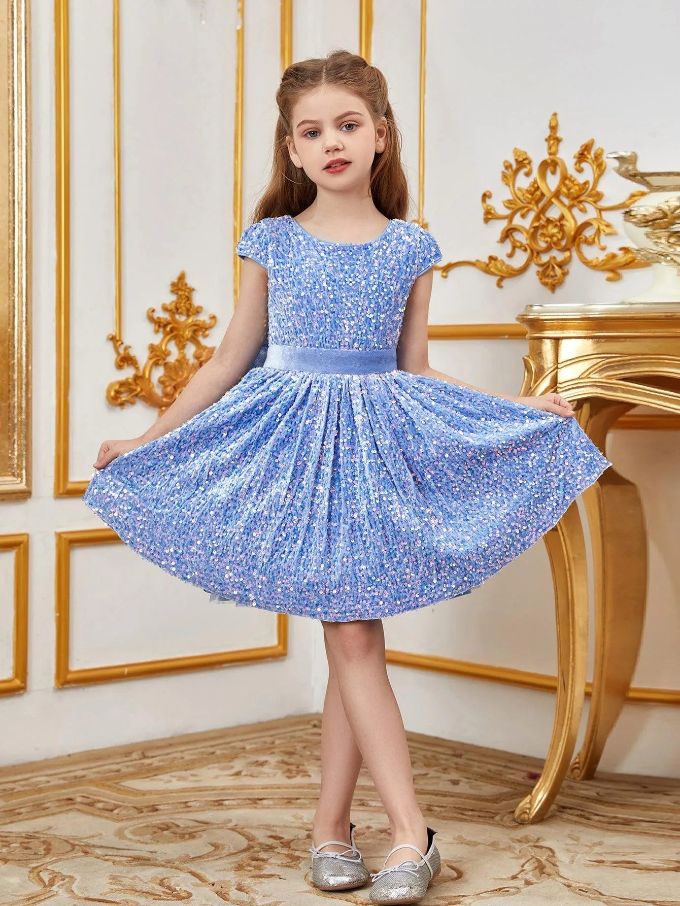 Tween Girls' Bow Back Sequin A Line Dress - Elonnashop