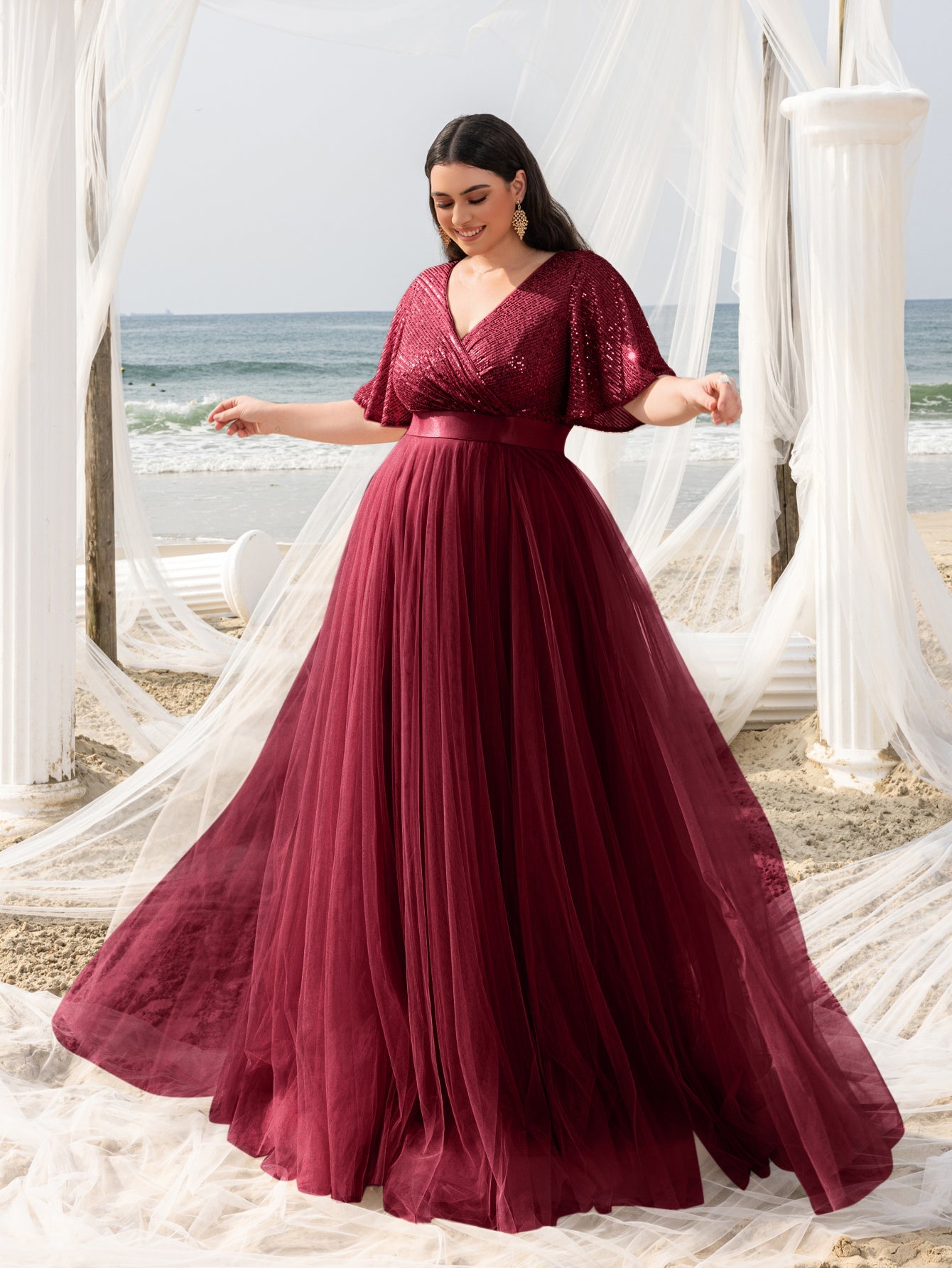 Plus Elegant Surplice Neck Butterfly Sleeves Sequin Evening Dress