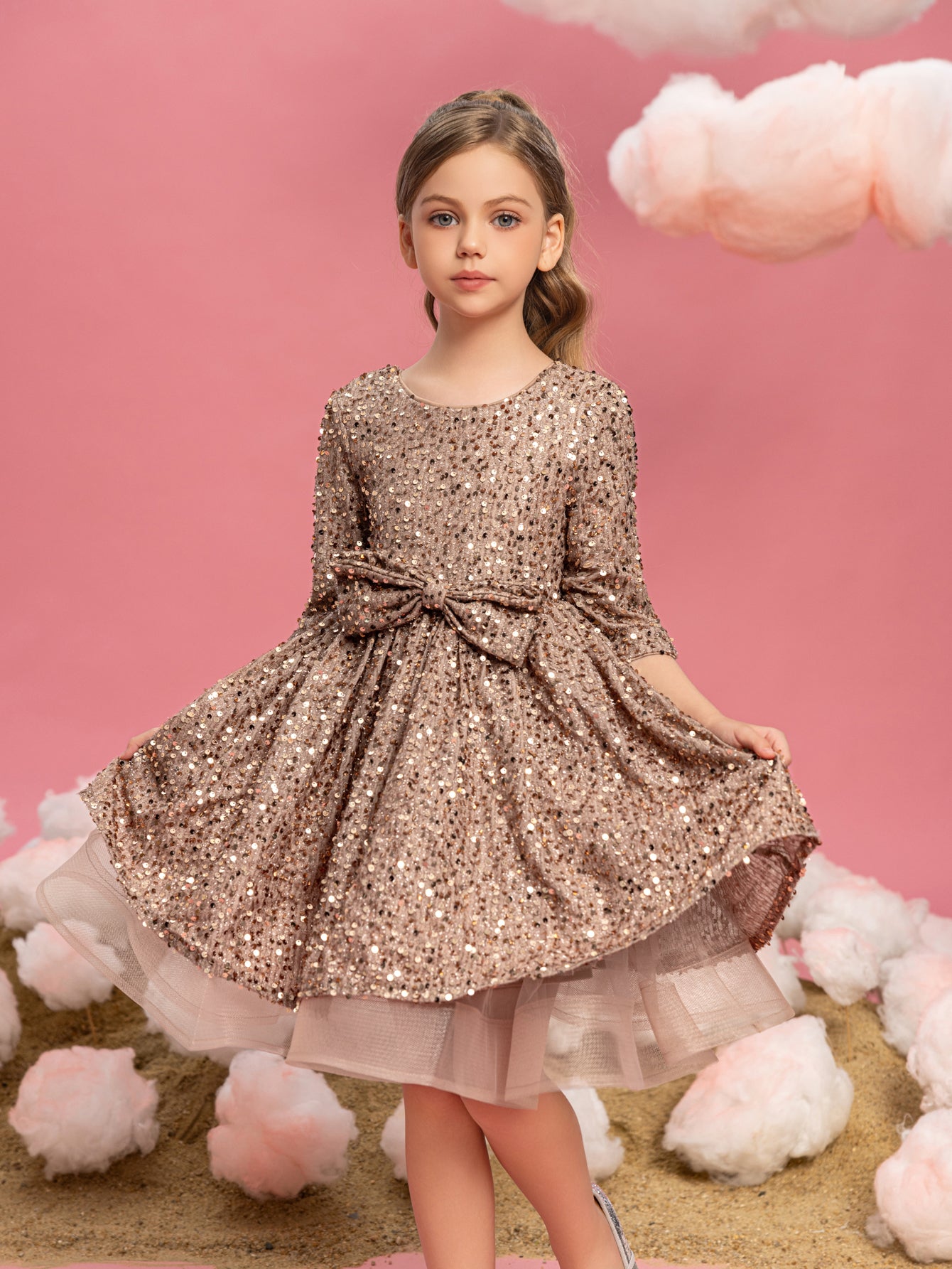 Tween Girls' Bow Detail 3/4 Sleeve Sequin Party Dress