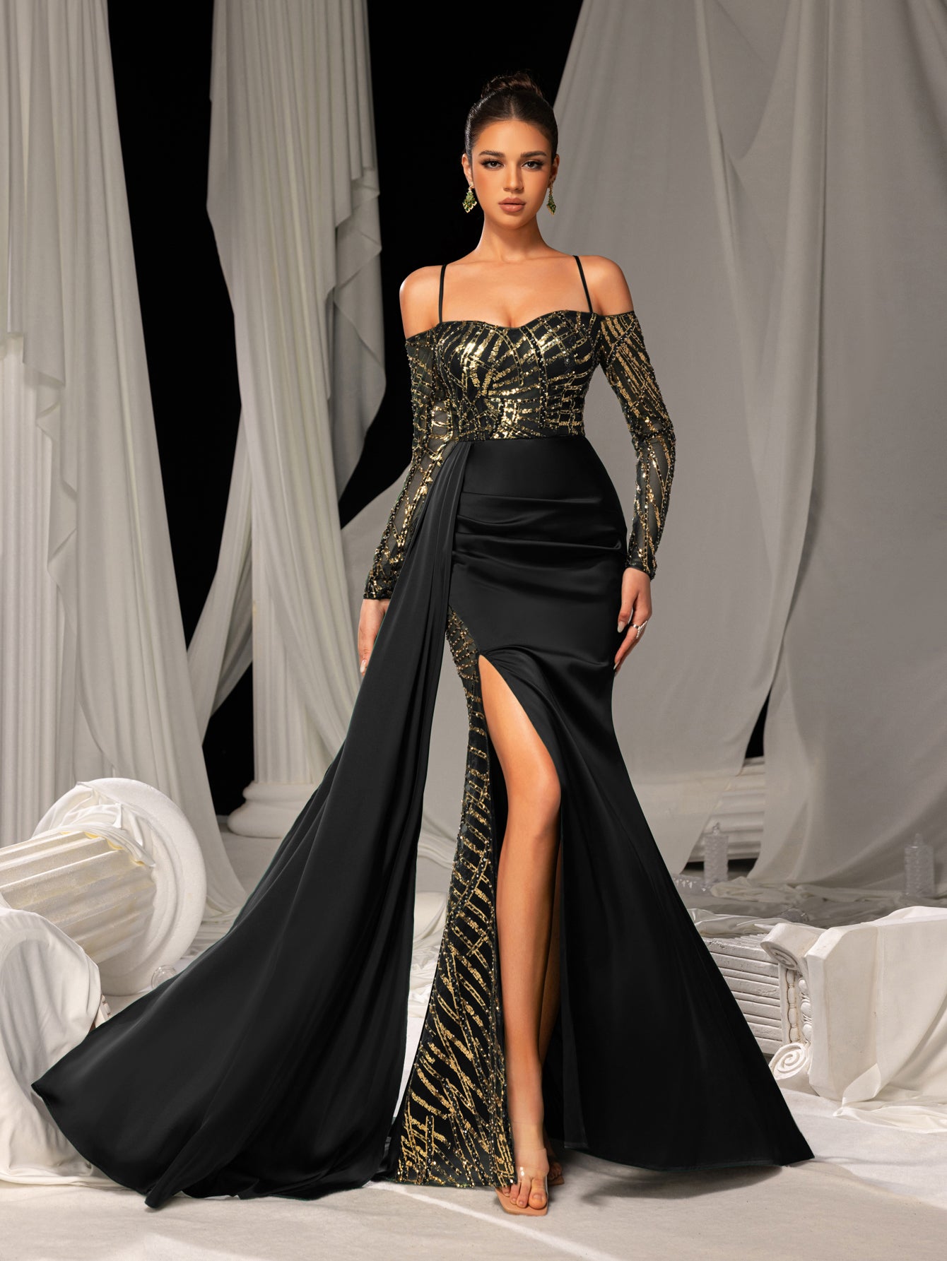 Elegant Evening Gown with Golden Sequin Access Off-Shoulder Design Elonnashop Elegant Evening Gown with Golden Sequin Access Off-Shoulder Design Elonnashop