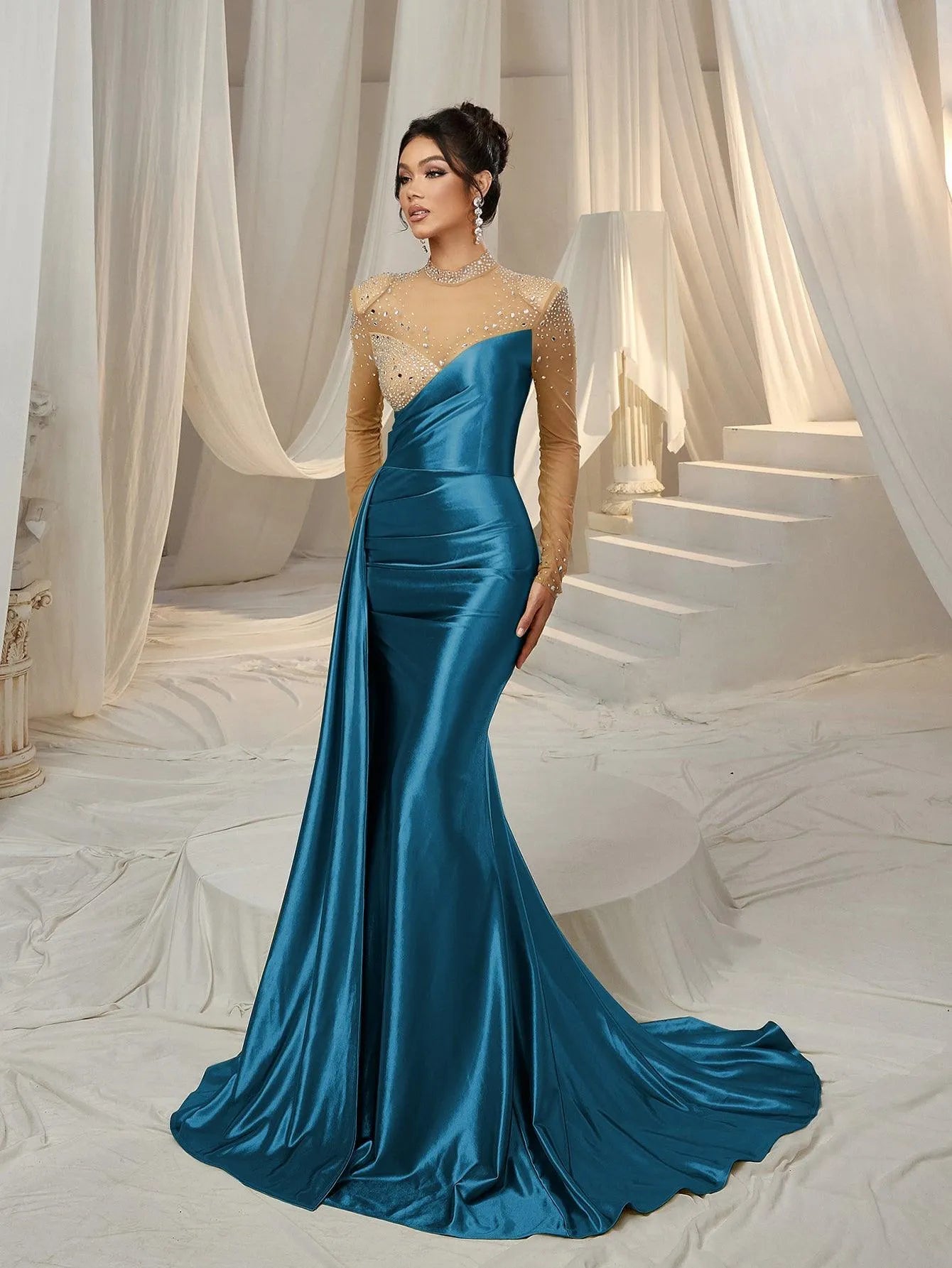 Rhinestone Detail Mock Neck Satin Mermaid Prom Dress - Elonnashop