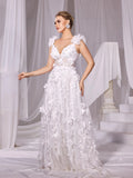 Floral Applique Plunging Neck Split Mesh Wedding Dress - Elonnashop