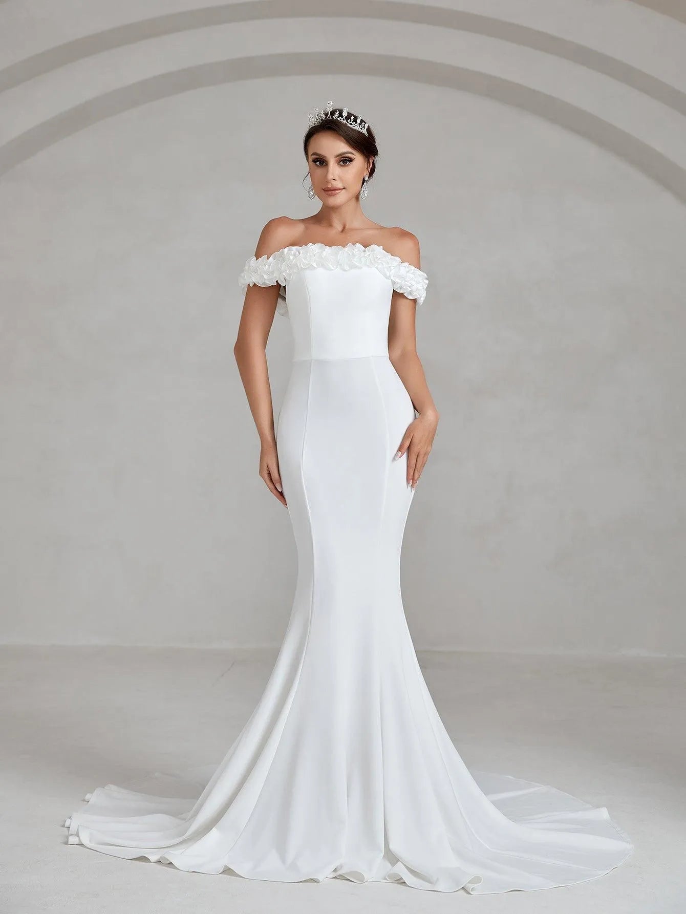 Ruffle Trim Off Shoulder Mermaid Hem Wedding Dress - Elonnashop