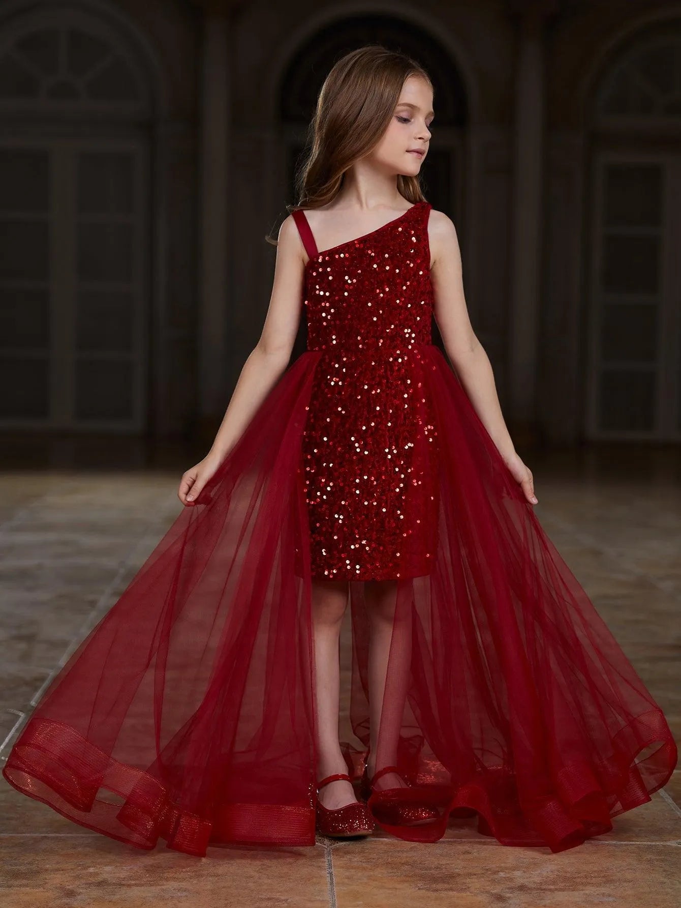 Tween Girls' Asymmetrical Neckline Mesh Overlay Sequin Dress - Elonnashop