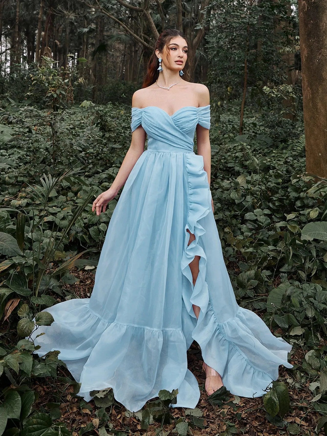 Off Shoulder Ruffle Trim Split Thigh Organza Prom Dress - Elonnashop