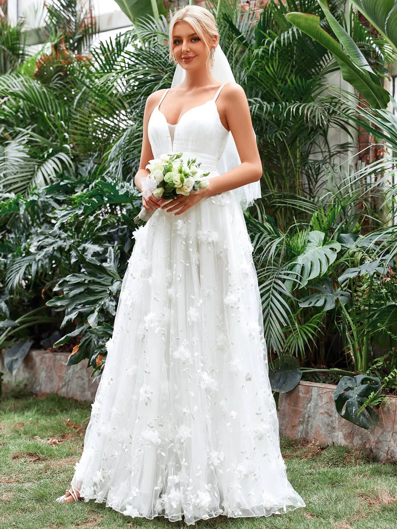 Elegant Floral Applique Mesh Cami Wedding Dress