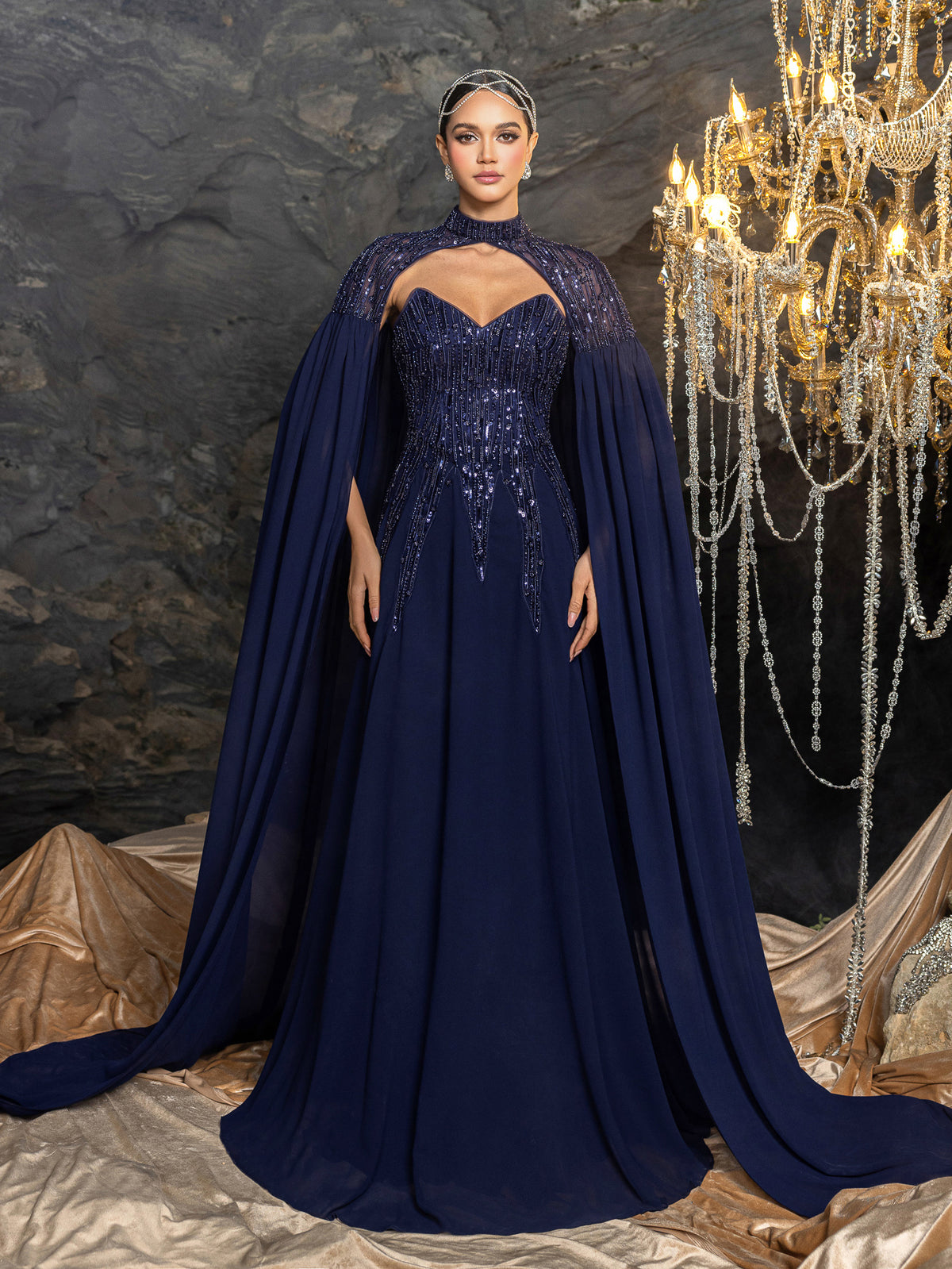 Gorgeous Two-Piece Beaded Gown with Detachable Cape | Sheer Chiffon Overlay & Corset Bustier