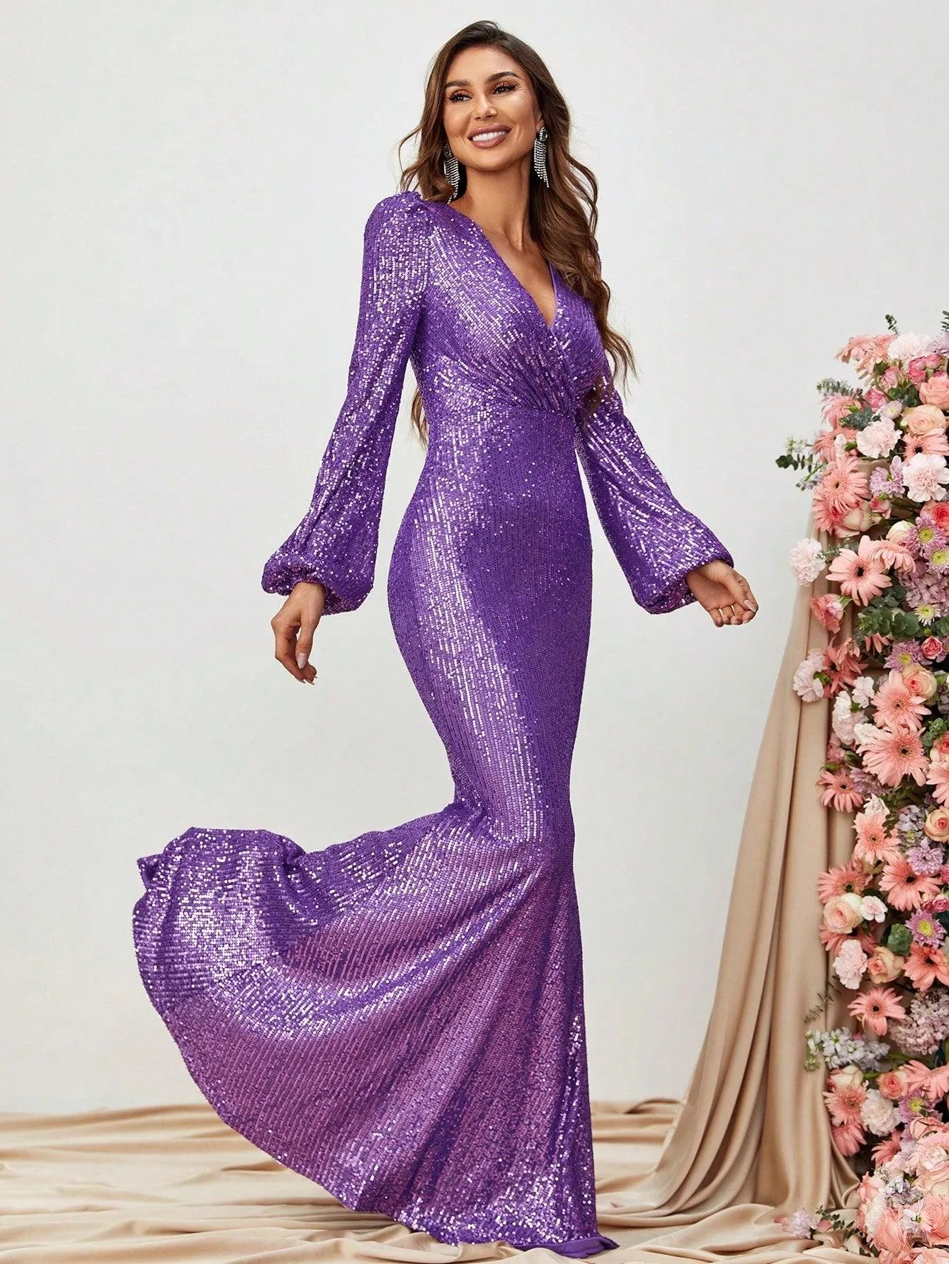 Surplice Neck Lantern Sleeves Sequin Mermaid Dress - Elonnashop