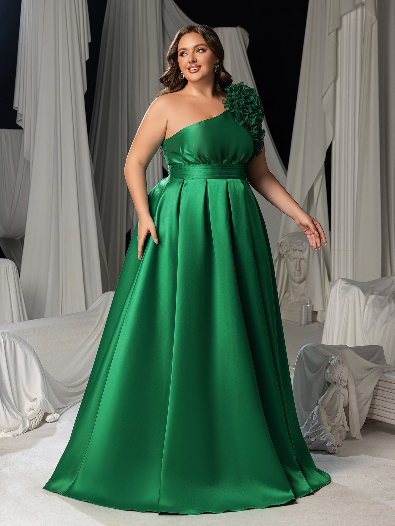 Plus Women's One Shoulder Formal Dress | Statement Ruffle Trim Accent | Corset Back & High Split