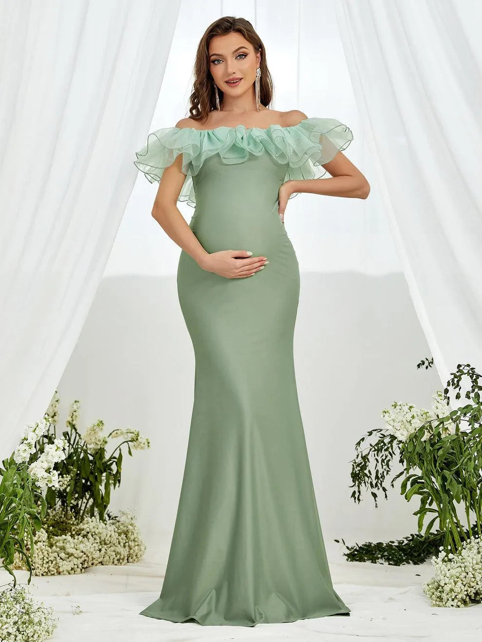 Maternity Ruffle Trim Off Shoulder Mermaid Hem Party Dress - Elonnashop