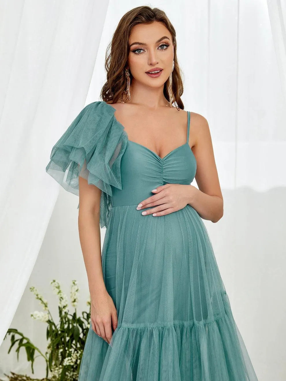 Maternity Ruched Bust Layered Hem Mesh Ruffle Cami Dress - Elonnashop