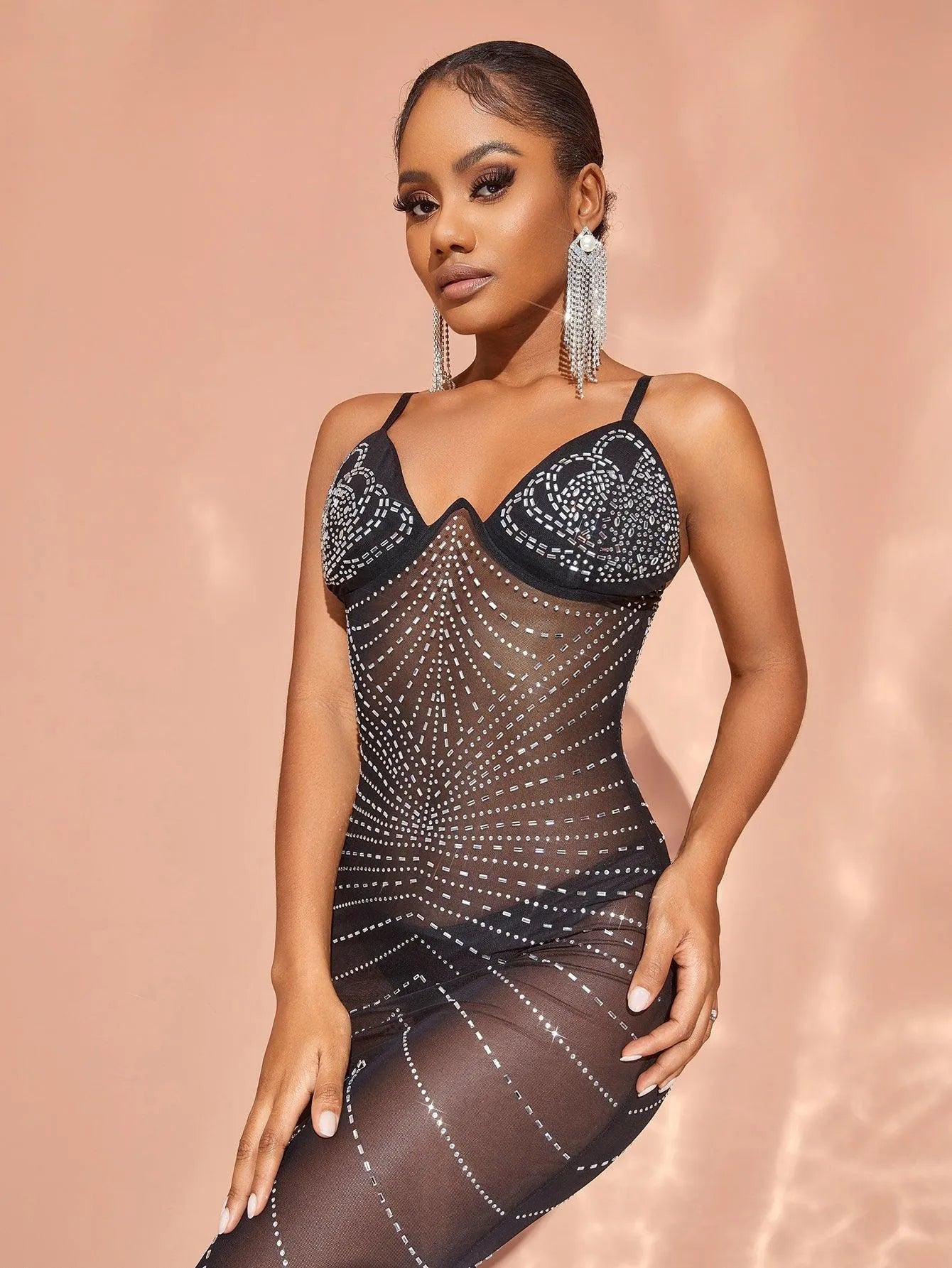 Chic Rhinestone Detail Sheer Mesh Cami Dress - Elonnashop