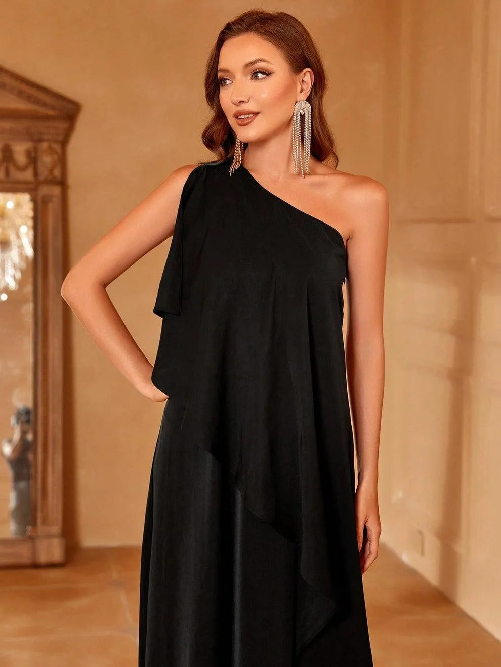 One Shoulder Sleeveless Ruffle Trim Chiffon Dress - Elonnashop