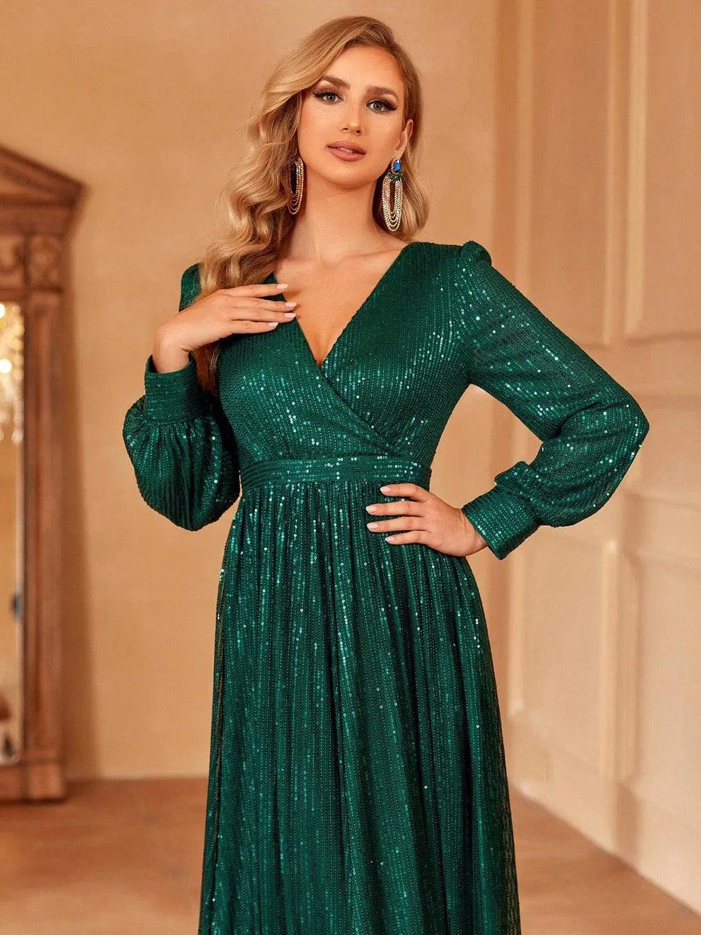 Elegant V Neck Long Sleeves Sequin A Line Dresses - Elonnashop