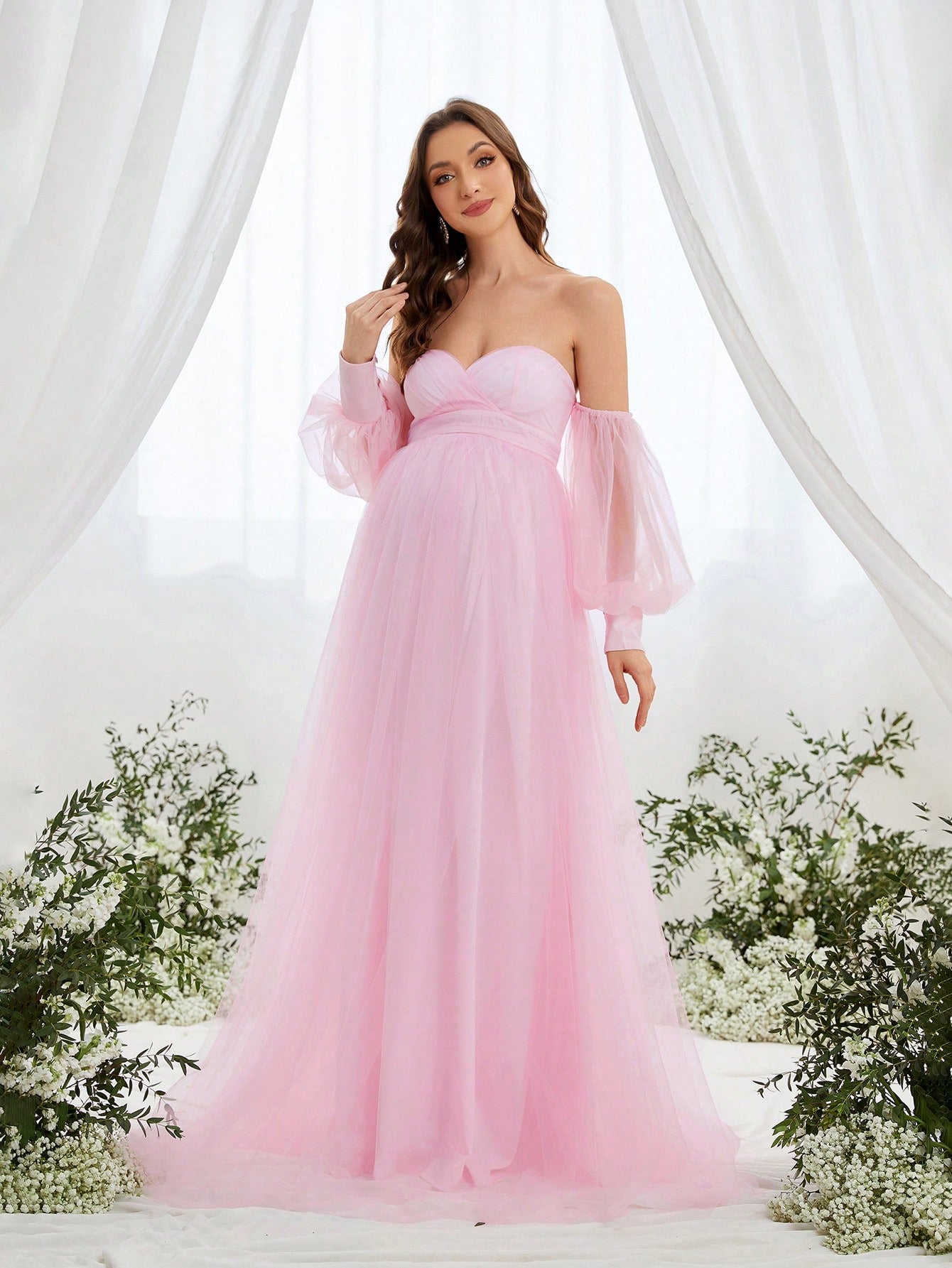 Maternity Off-Shoulder Evening Gown with Puff Sleeves Flowy Tulle D Elonnashop Maternity Off-Shoulder Evening Gown with Puff Sleeves Flowy Tulle D Elonnashop