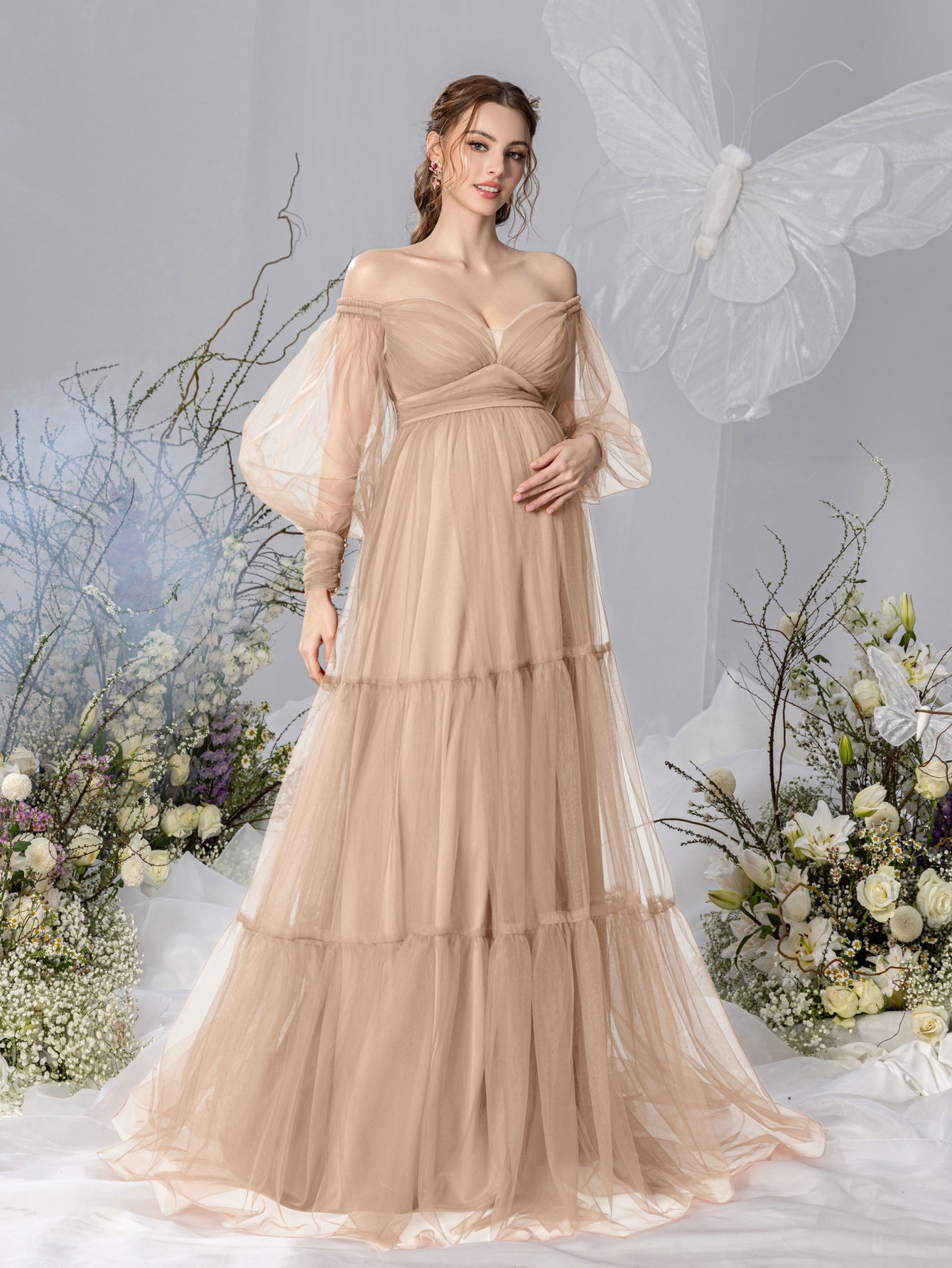 Maternity Off Shoulder Bishop Sleeves Layered Tulle Photography Dress
