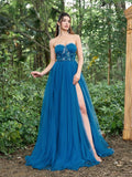 Elegant Strapless Applique Detail Bustier Split Tulle Prom Dress - Elonnashop