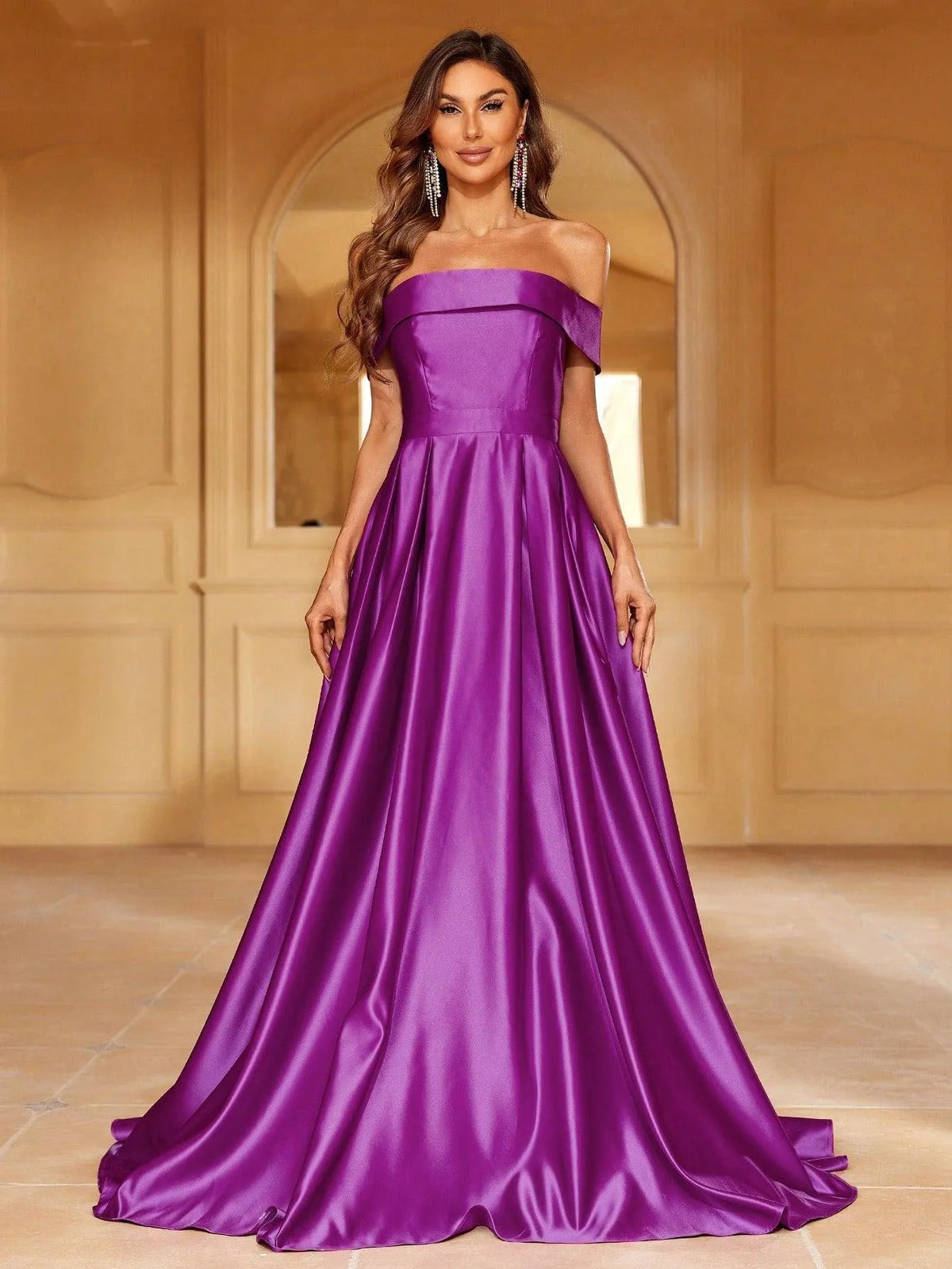 Off Shoulder Floor Length Satin A Line Dress - Elonnashop