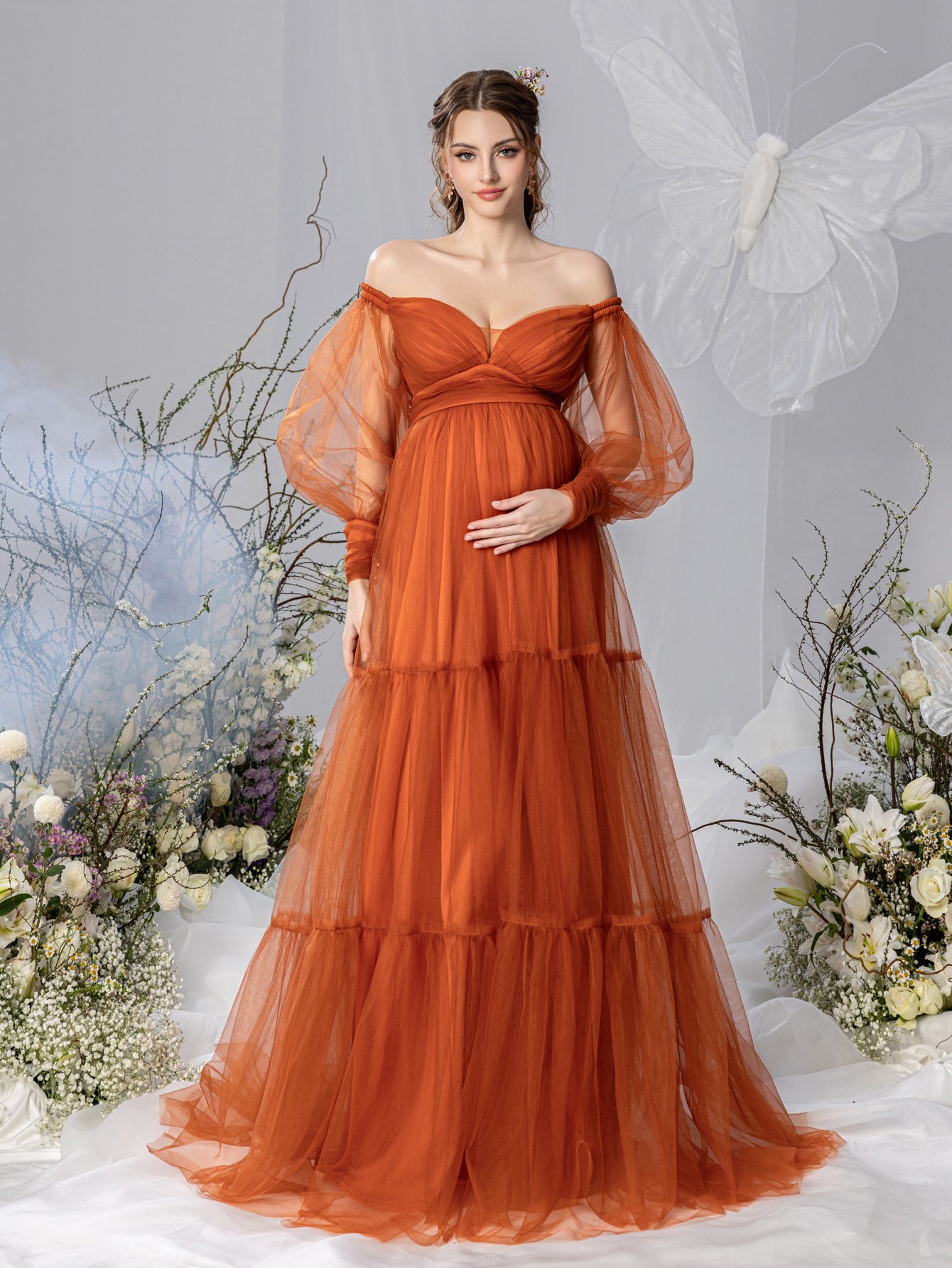 Maternity Off Shoulder Bishop Sleeves Layered Tulle Photography Dress Rust / M Maternity Off Shoulder Bishop Sleeves Layered Tulle Photography Dress Rust / M