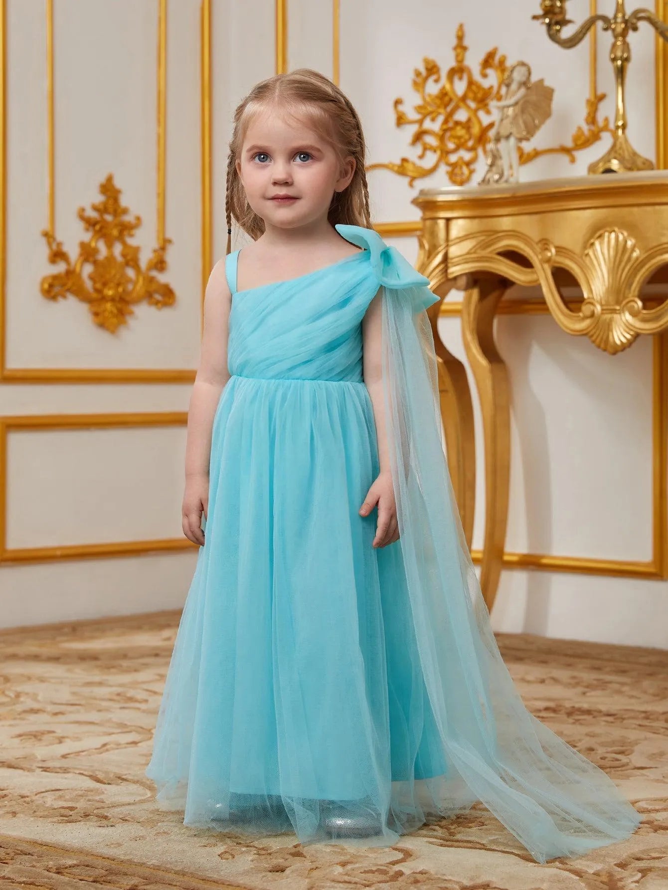 Young Girls' One Shoulder Draped Side Mesh A Line Dress With Bow - Elonnashop