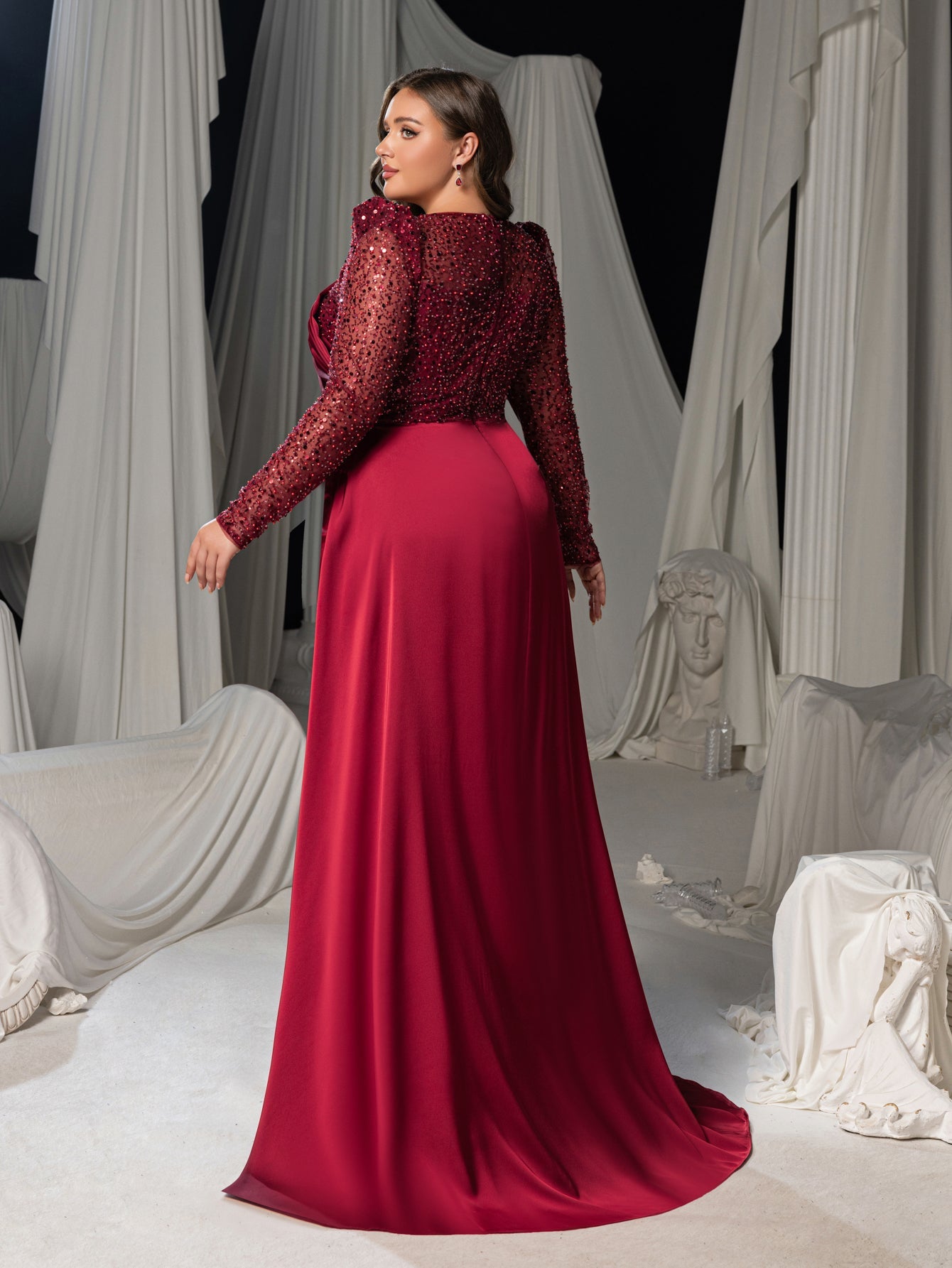 Plus Sequin Long Sleeve V-Neck Formal Dress, Satin Mermaid Train Even Burgundy / 1XL Plus Sequin Long Sleeve V-Neck Formal Dress, Satin Mermaid Train Even Burgundy / 1XL