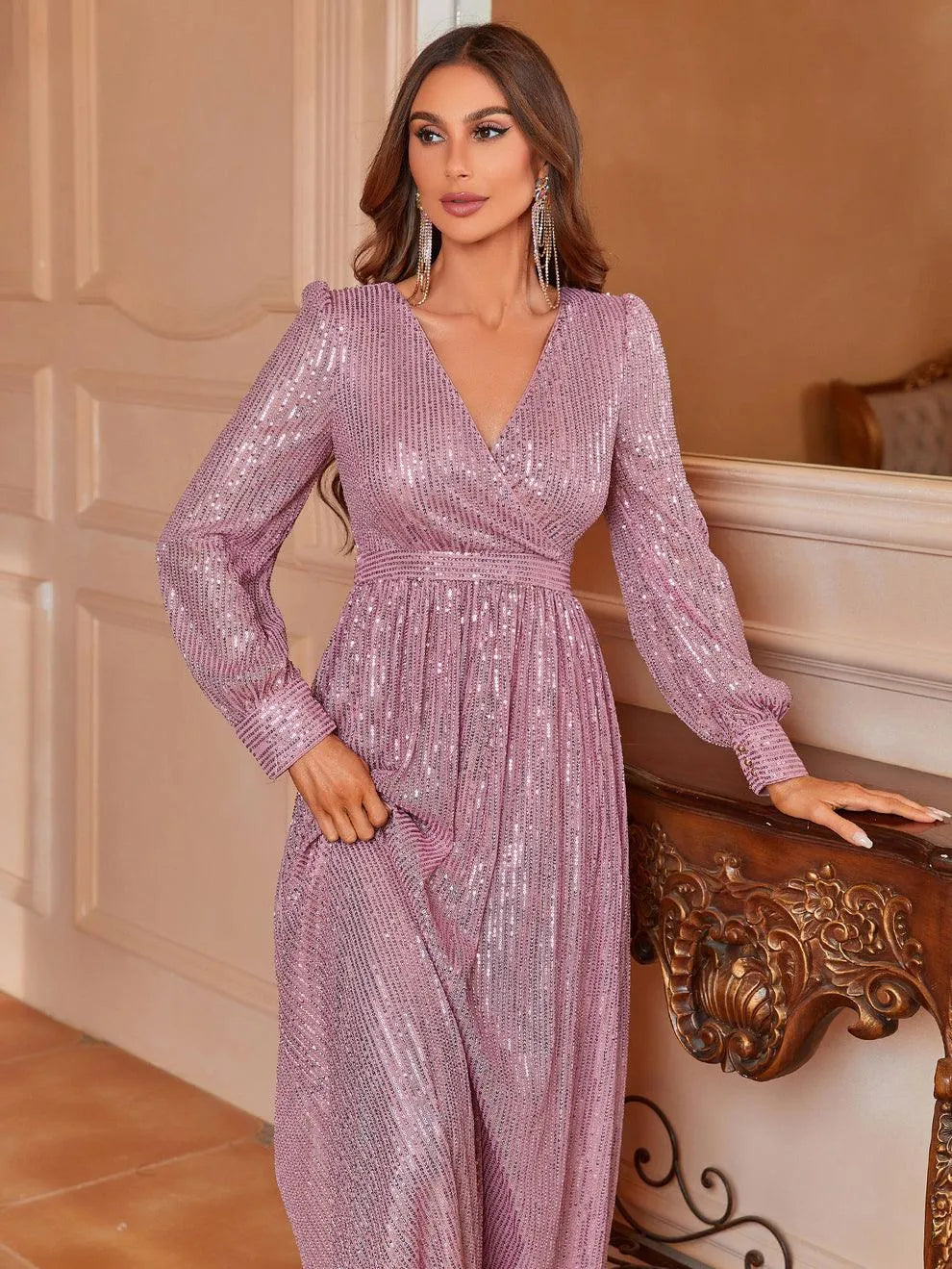 Elegant V Neck Long Sleeves Sequin A Line Dresses - Elonnashop