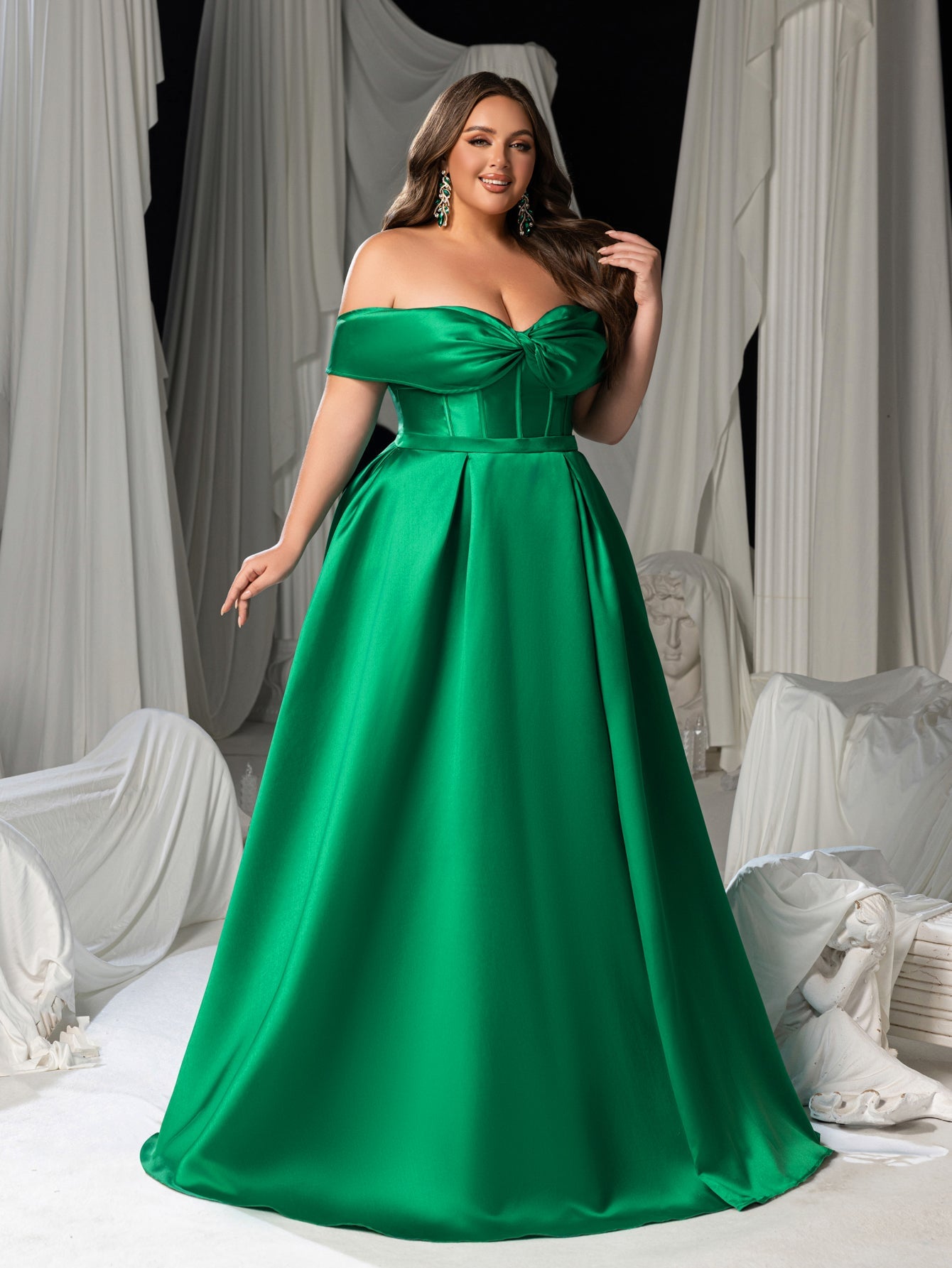 Plus Women's Satin Off-Shoulder Evening Dress | High Slit & Back Lacing Gown