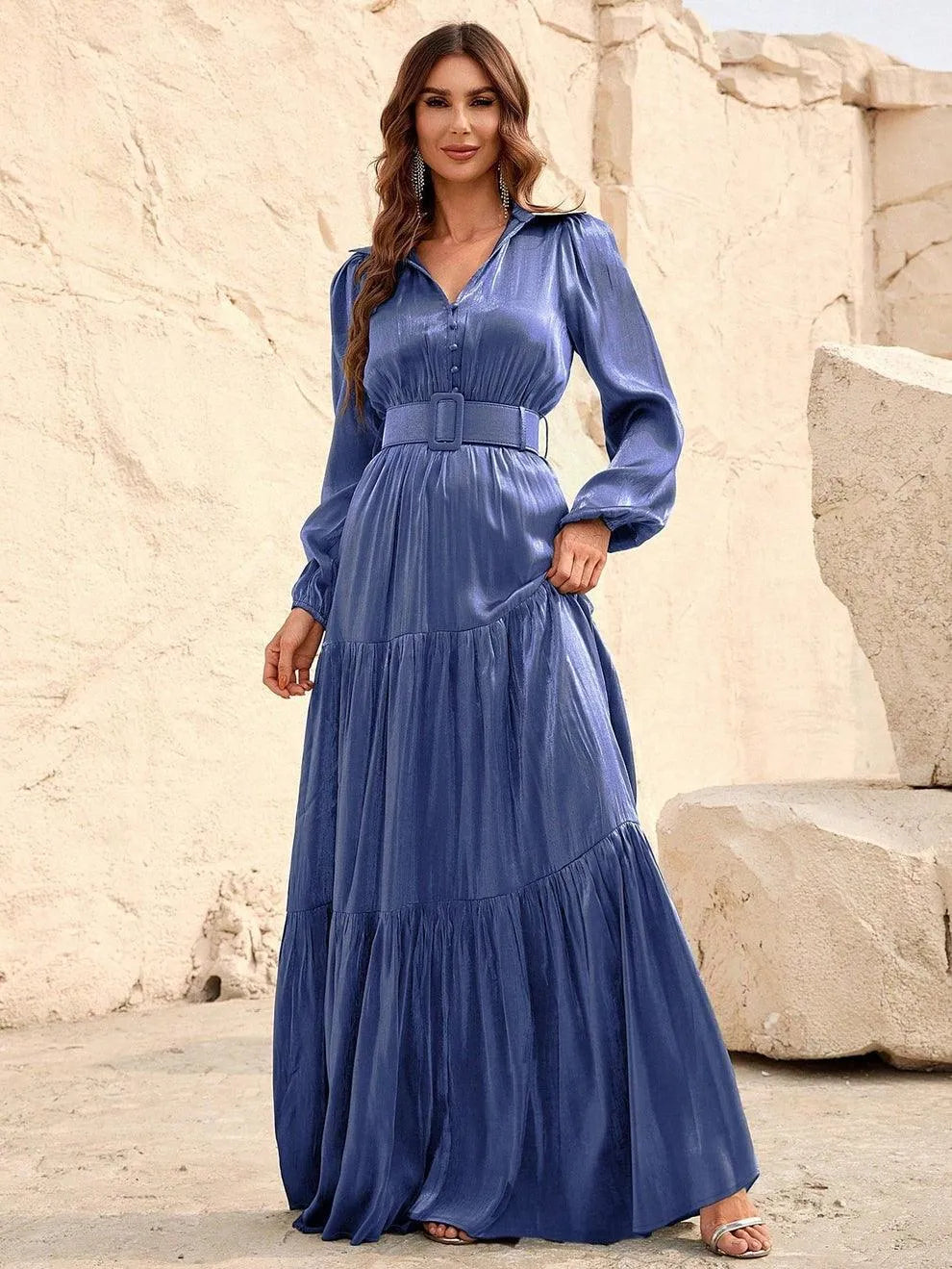 Elegant Bishop Sleeves Ruffle Hem Belted Dress - Elonnashop