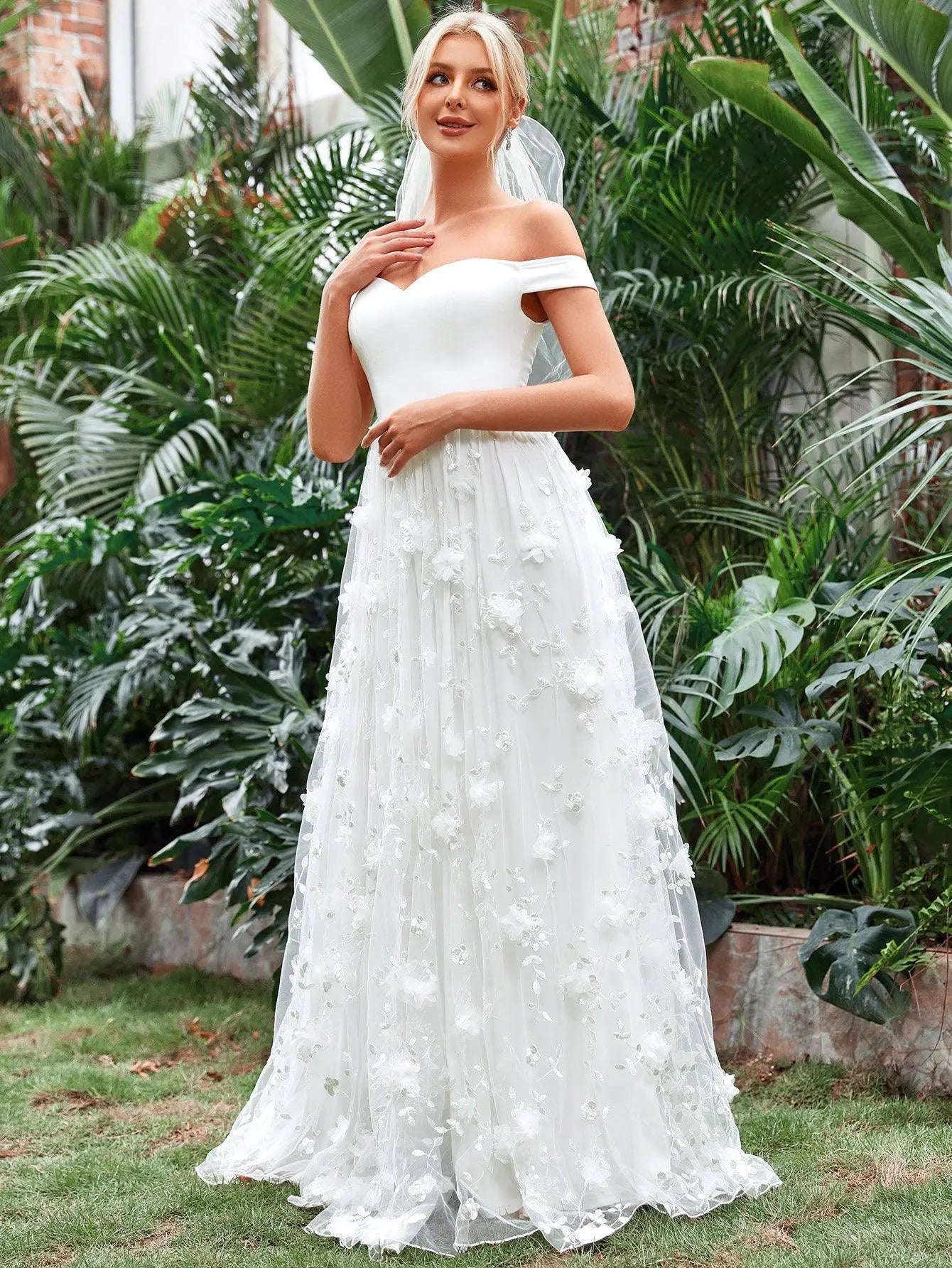 Off Shoulder Floral Applique Mesh Wedding Dress - Elonnashop