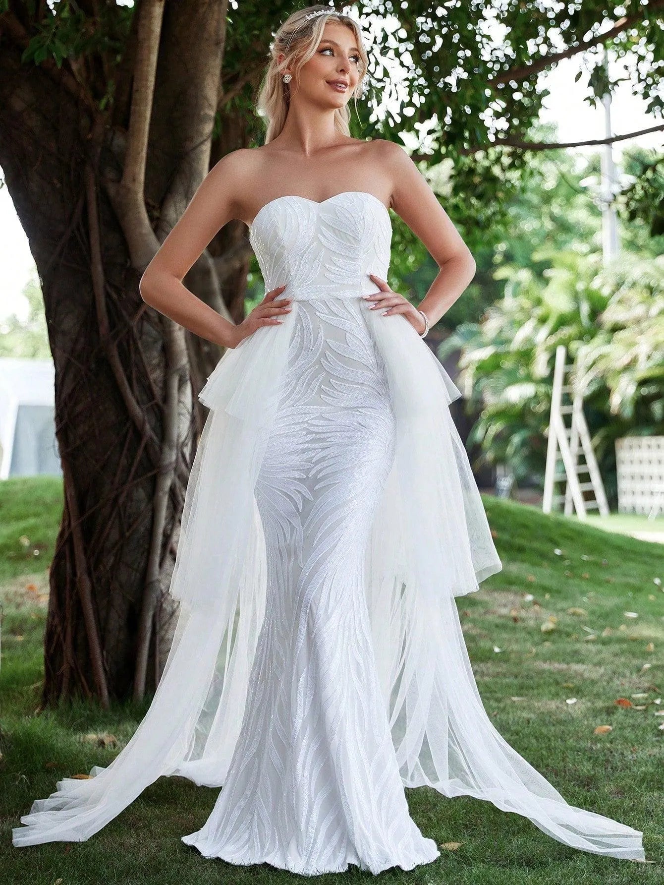 Contrast Mesh Mermaid Hem Sequin Tube Wedding Dress - Elonnashop