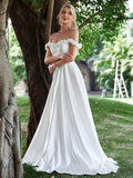 Off Shoulder Floral Applique Satin Wedding Dress - Elonnashop