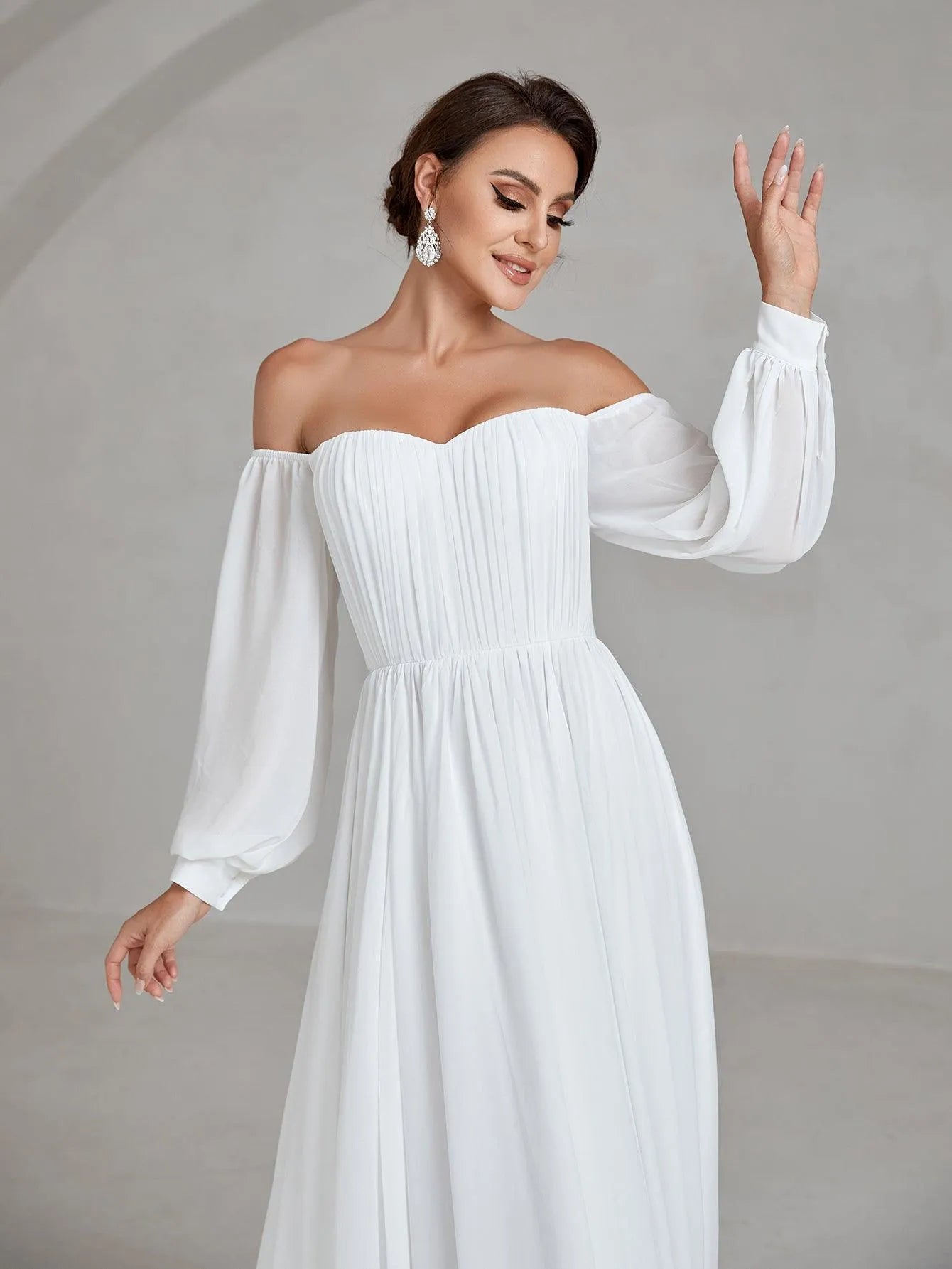 Off Shoulder Lantern Sleeve Chiffon Wedding Dress - Elonnashop