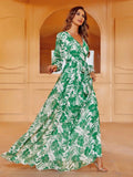 Elegant V Neck Long Sleeves Floral Print Chiffon Belted Dress