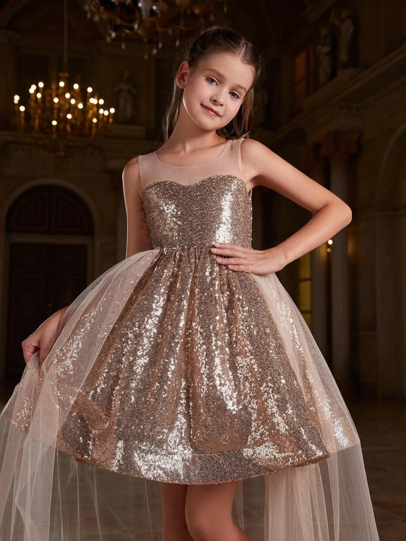 Tween Girls' Sleeveless Contrast Mesh Sequin Party Dress Elonnashop Tween Girls' Sleeveless Contrast Mesh Sequin Party Dress Elonnashop