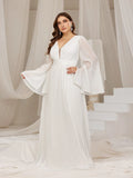 Plus Flared Sleeves Pleated Chiffon Formal Dresses - Elonnashop