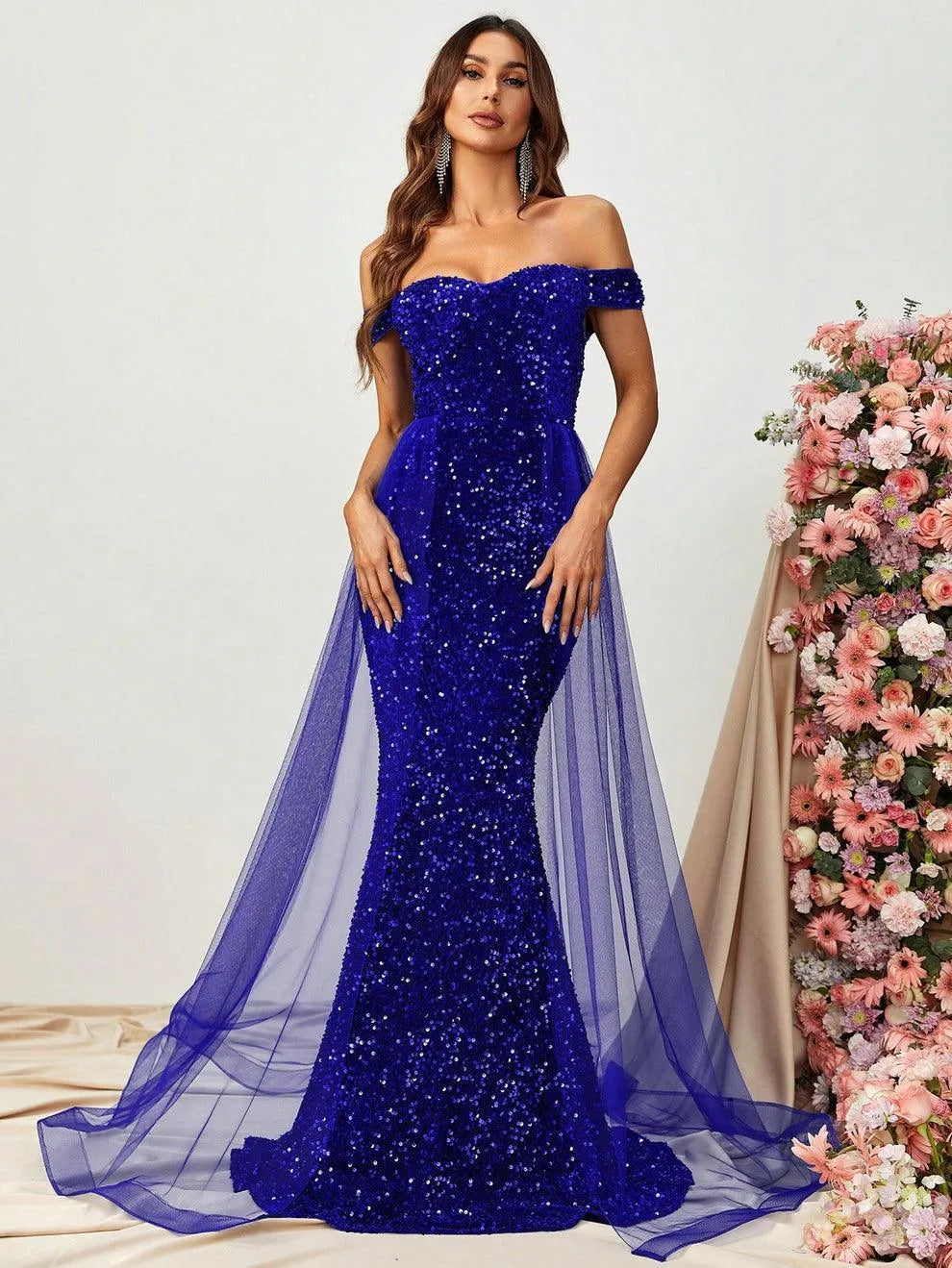 Off Shoulder Sequin Mermaid Dresses Mesh Layer On Waist - Elonnashop