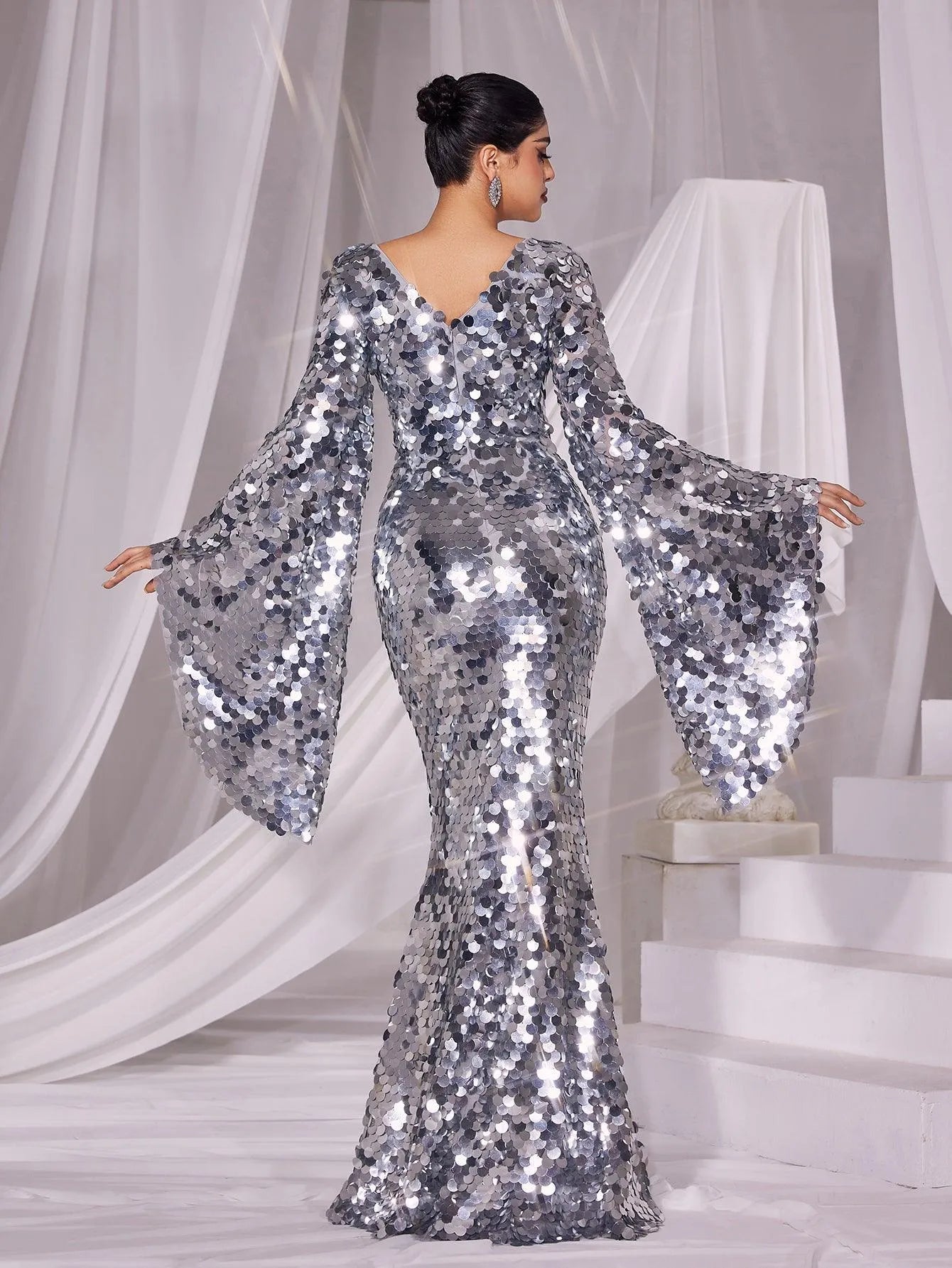 Plunging Neck Flared Sleeves Sequin Mermaid Dress - Elonnashop