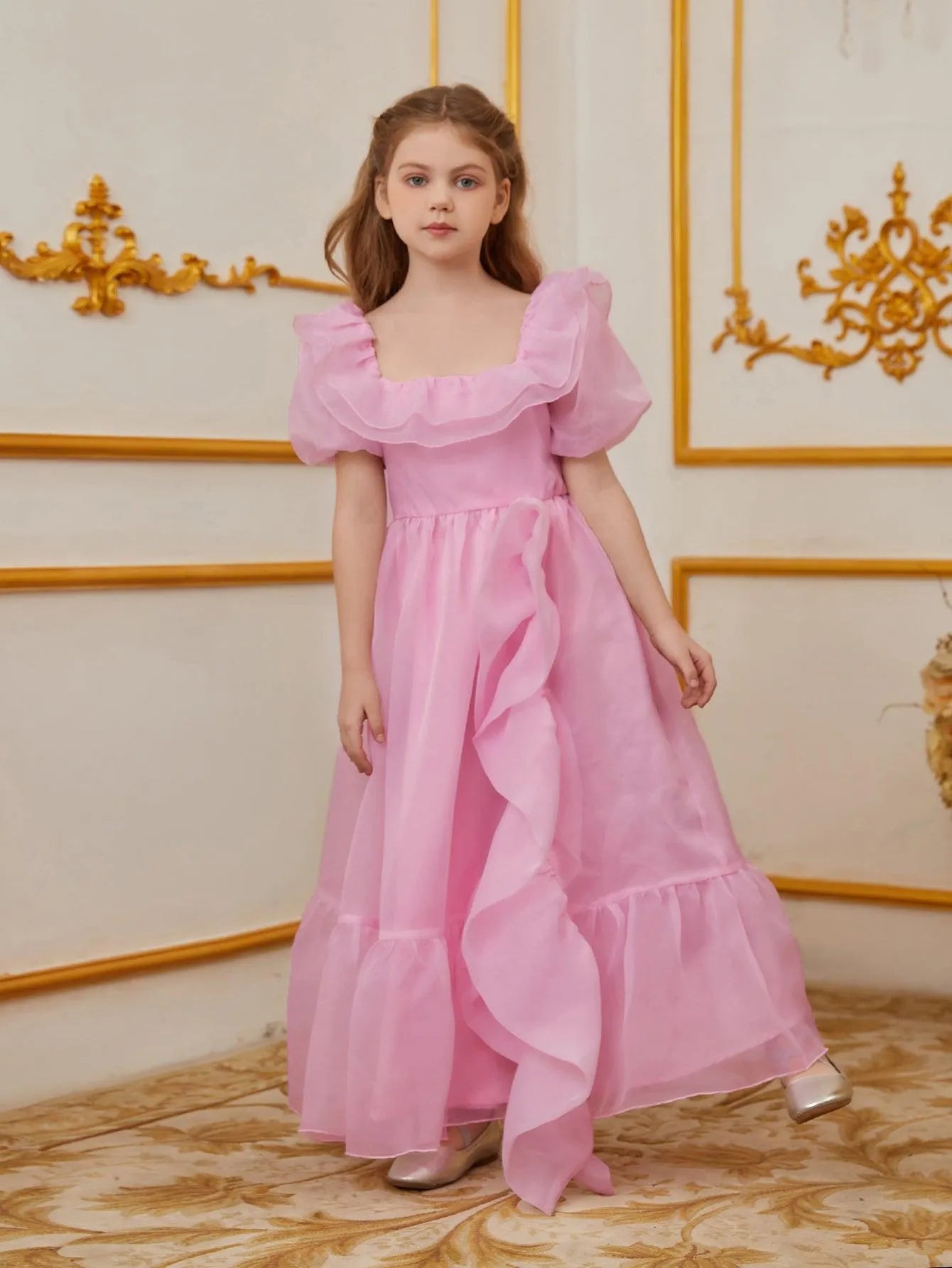 Tween Girls' Ruffle Trim Puff Sleeves Organza Party Dress - Elonnashop