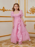 Tween Girls' Ruffle Trim Puff Sleeves Organza Party Dress - Elonnashop