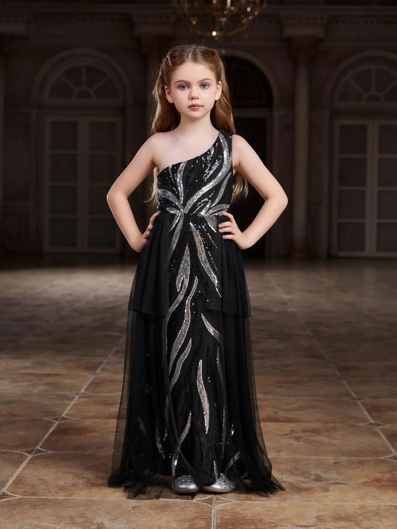 Tween Girls' One Shoulder Graphic Sequin Party Dress - Elonnashop